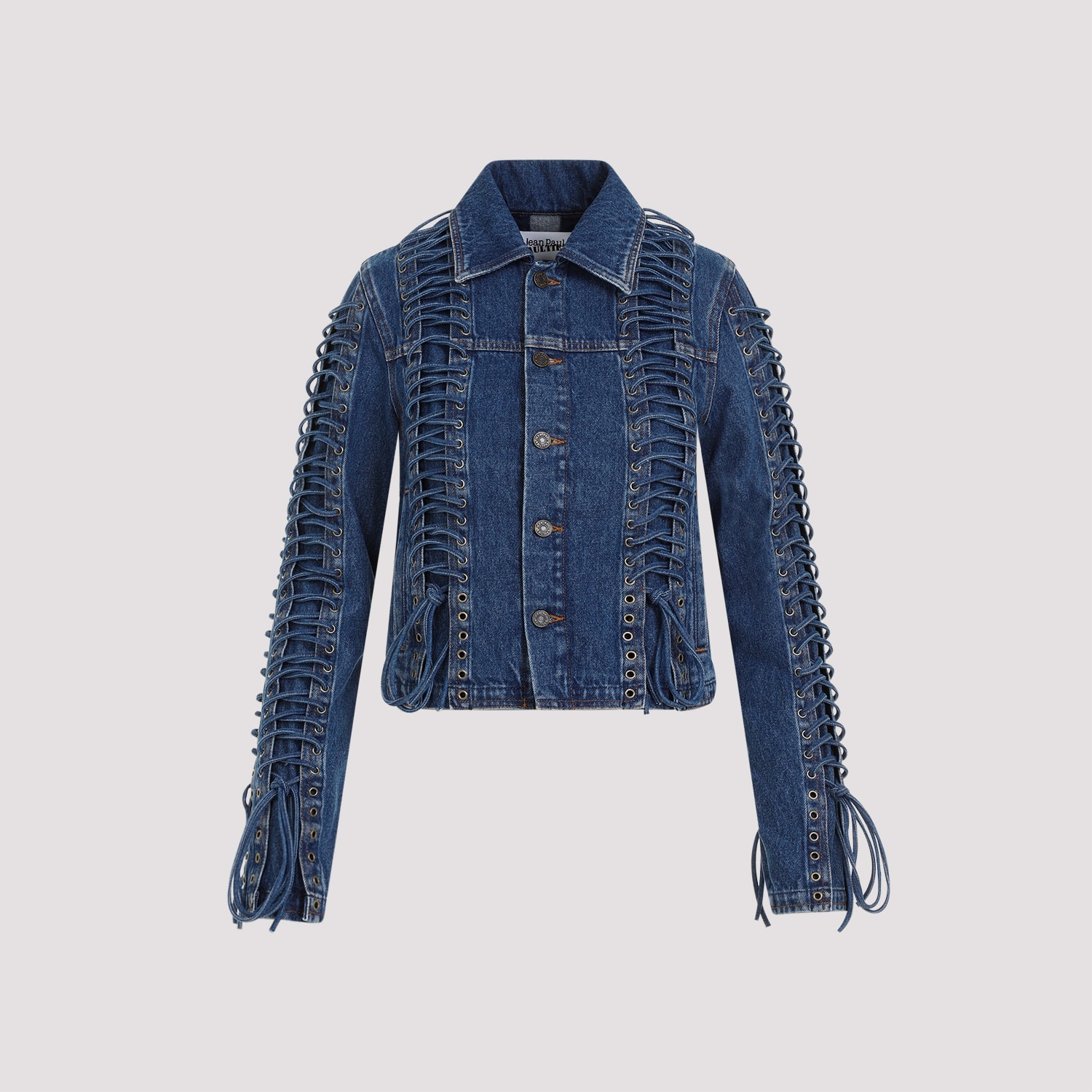 Shop Jean Paul Gaultier Corset Denim Jacket In Vintage Blue