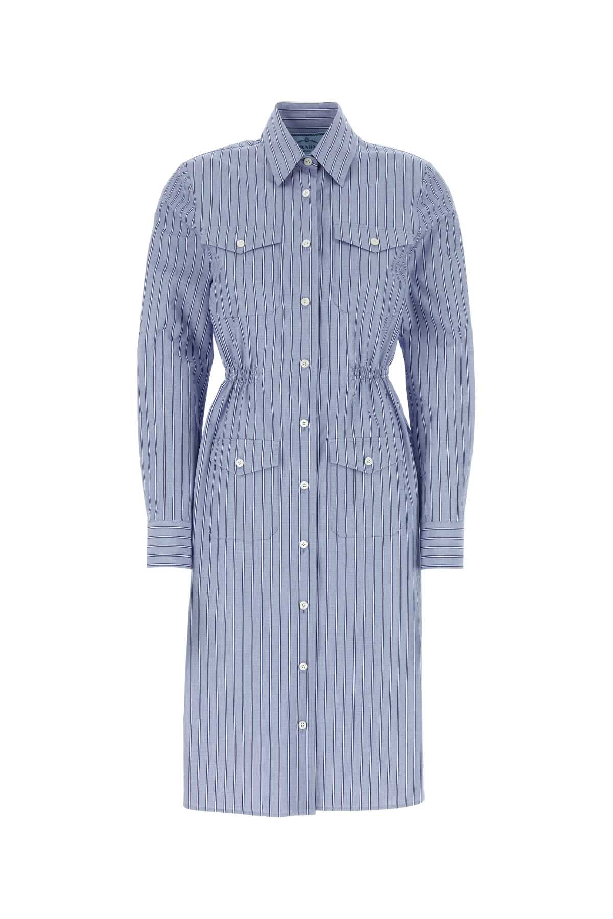 Shop Prada Embroidered Chambray Shirt Dress In Bleu