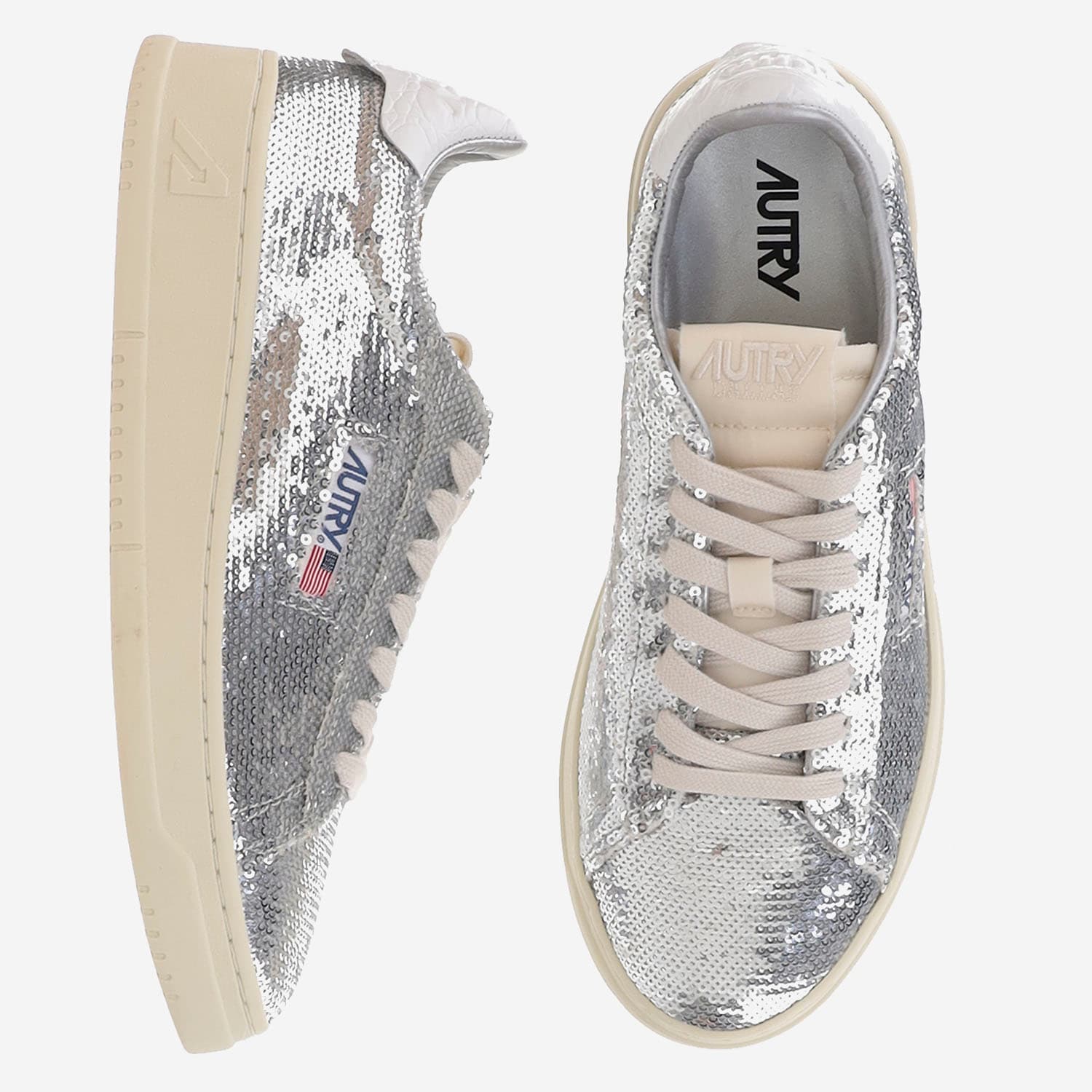Autry Sequined Low Top Sneakers With Fabric Upper In Silver