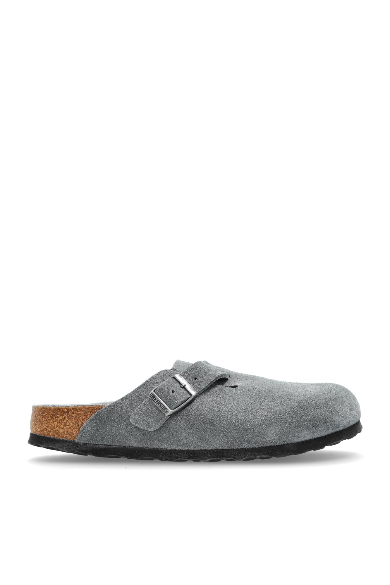Birkenstock Suede Leather Open Back Slippers In Gray