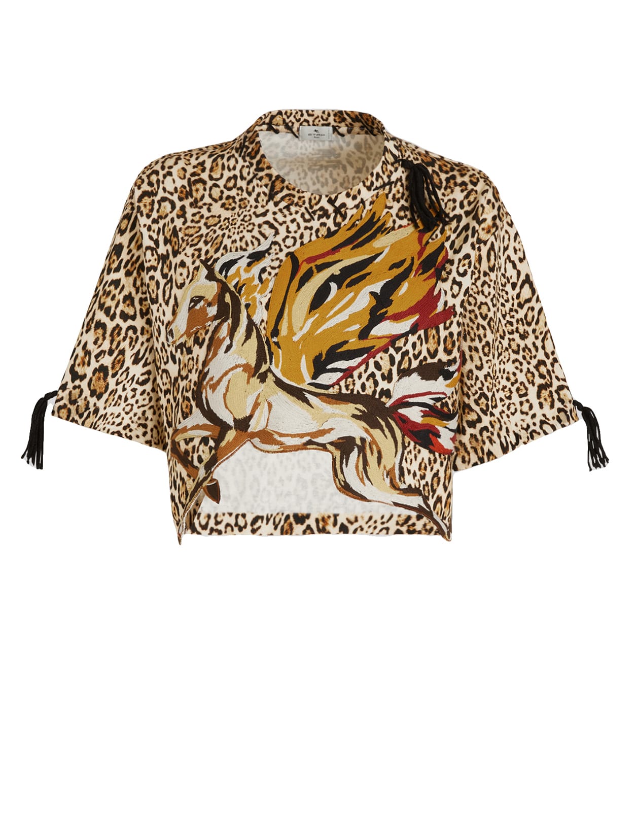 Woman Crop Animalier T-shirt With Pegasus And Etro Cube Logo