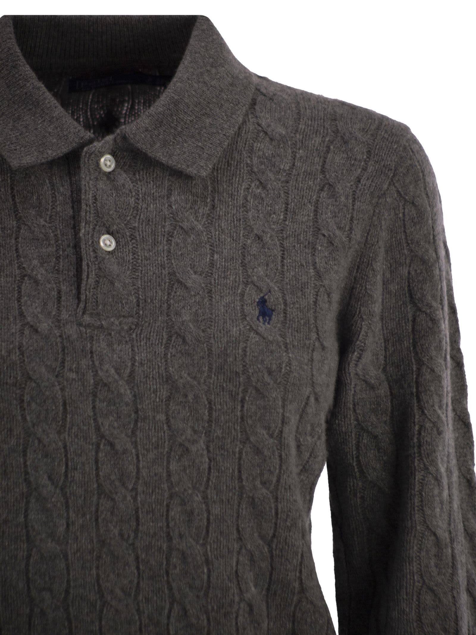 Polo Ralph Lauren Wool And Cashmere Polo Shirt With Cable Knit In Gray