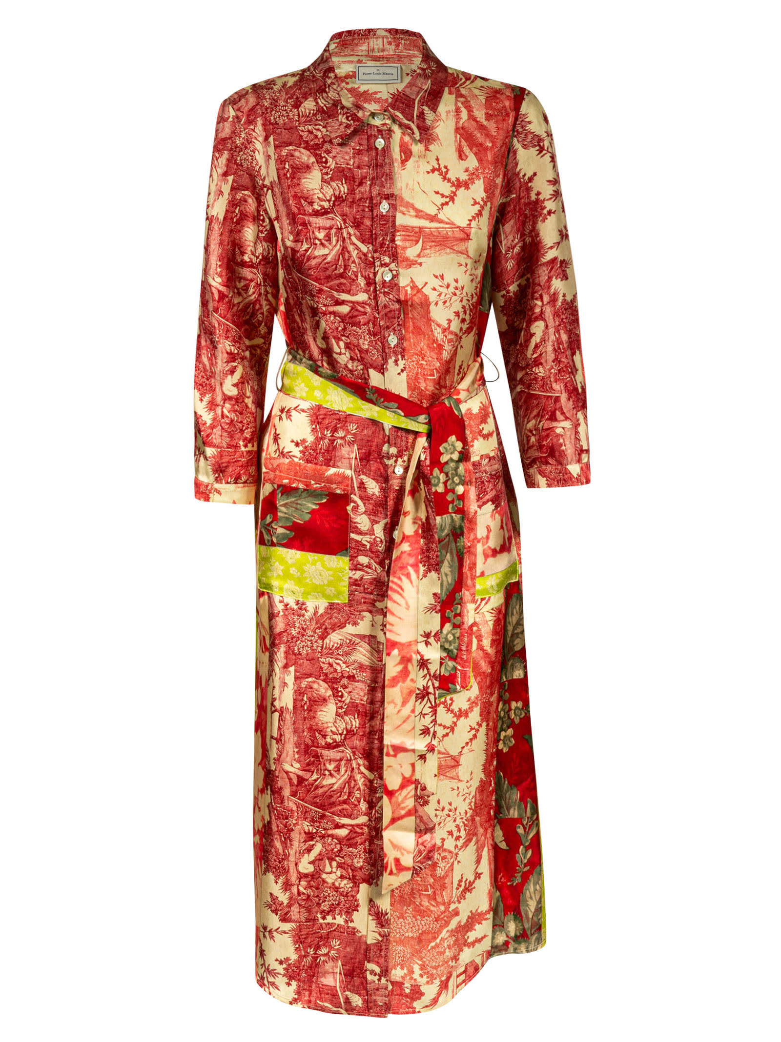 Pierre-louis Mascia Waist Tie Buttoned Long Printed Dress In Red/off-white