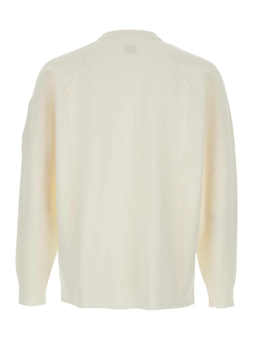 C.p. Company Men White Crewneck Sweater With Logo Plaque On The Sleeve In Wool Blend Man In White