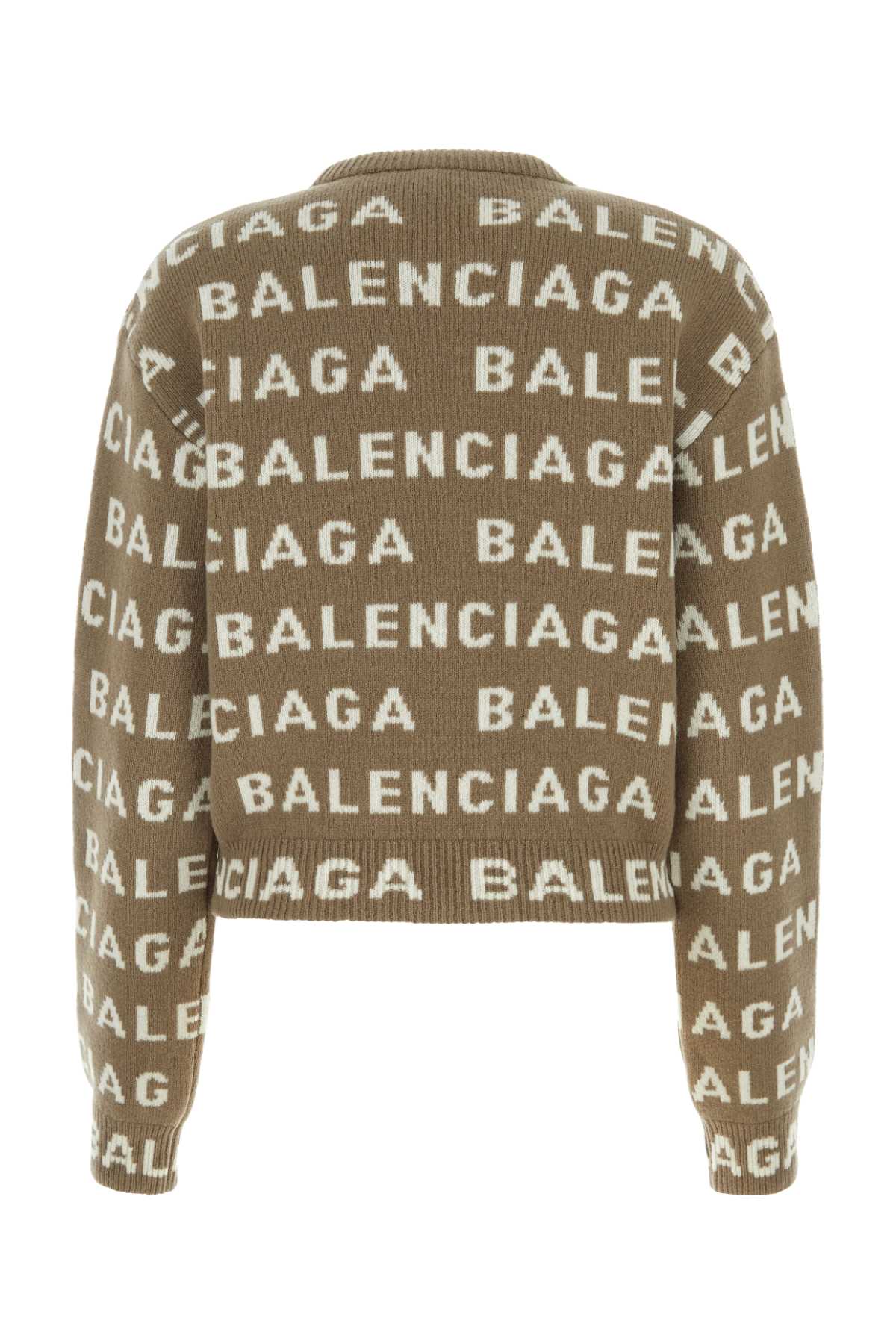 Shop Balenciaga Embroidered Wool Blend Sweater In Darkbeigewhite