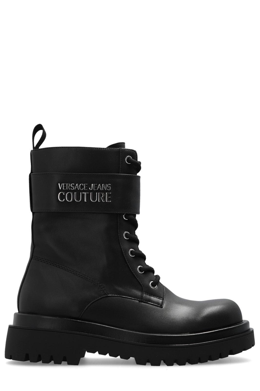 Versace Jeans Couture Logo-plaque Lace-up Ankle Boots In Black