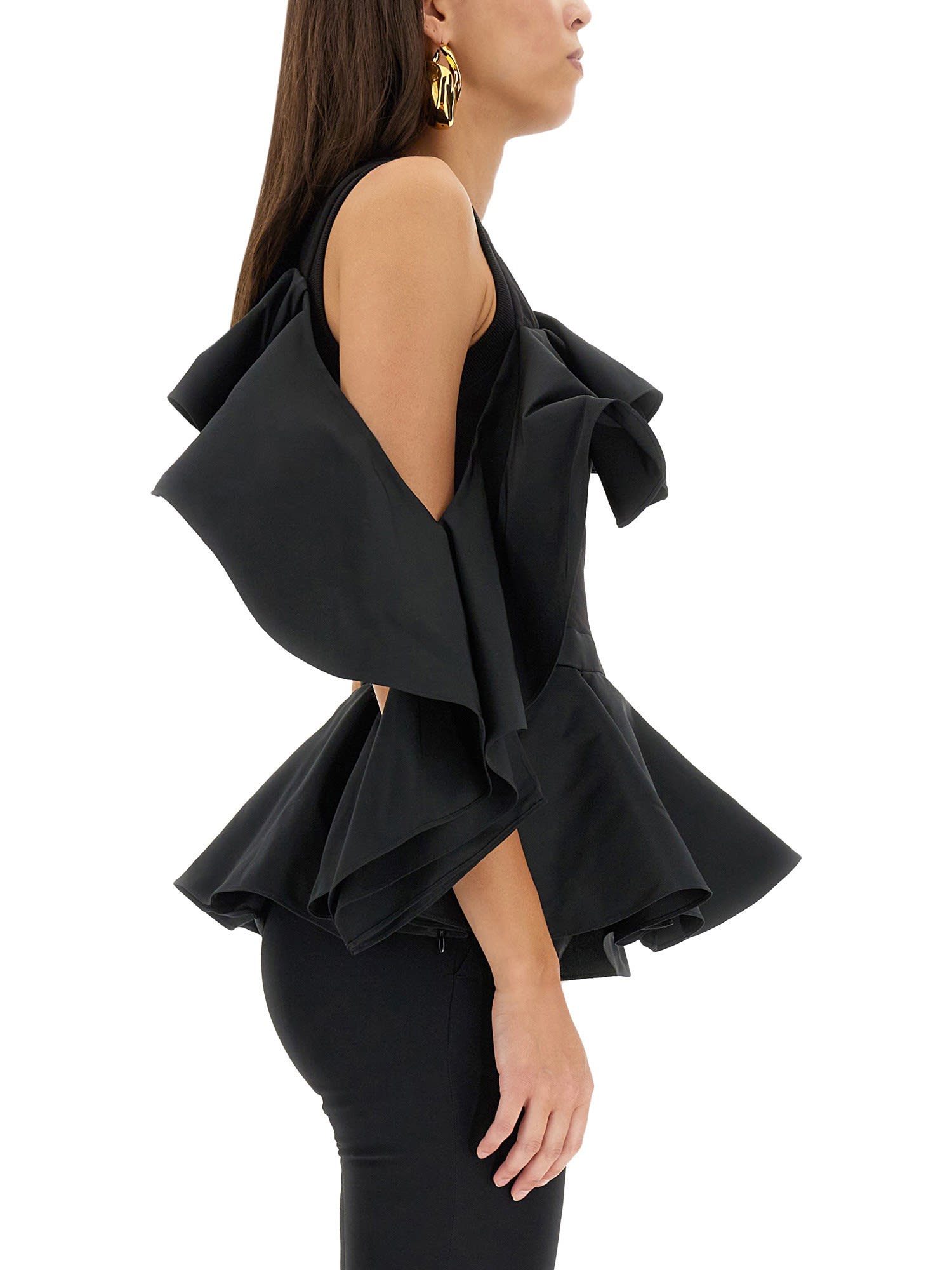 Alexander Mcqueen Alexander Mc Queen Asymmetric Ruffle Hybrid Top In Black