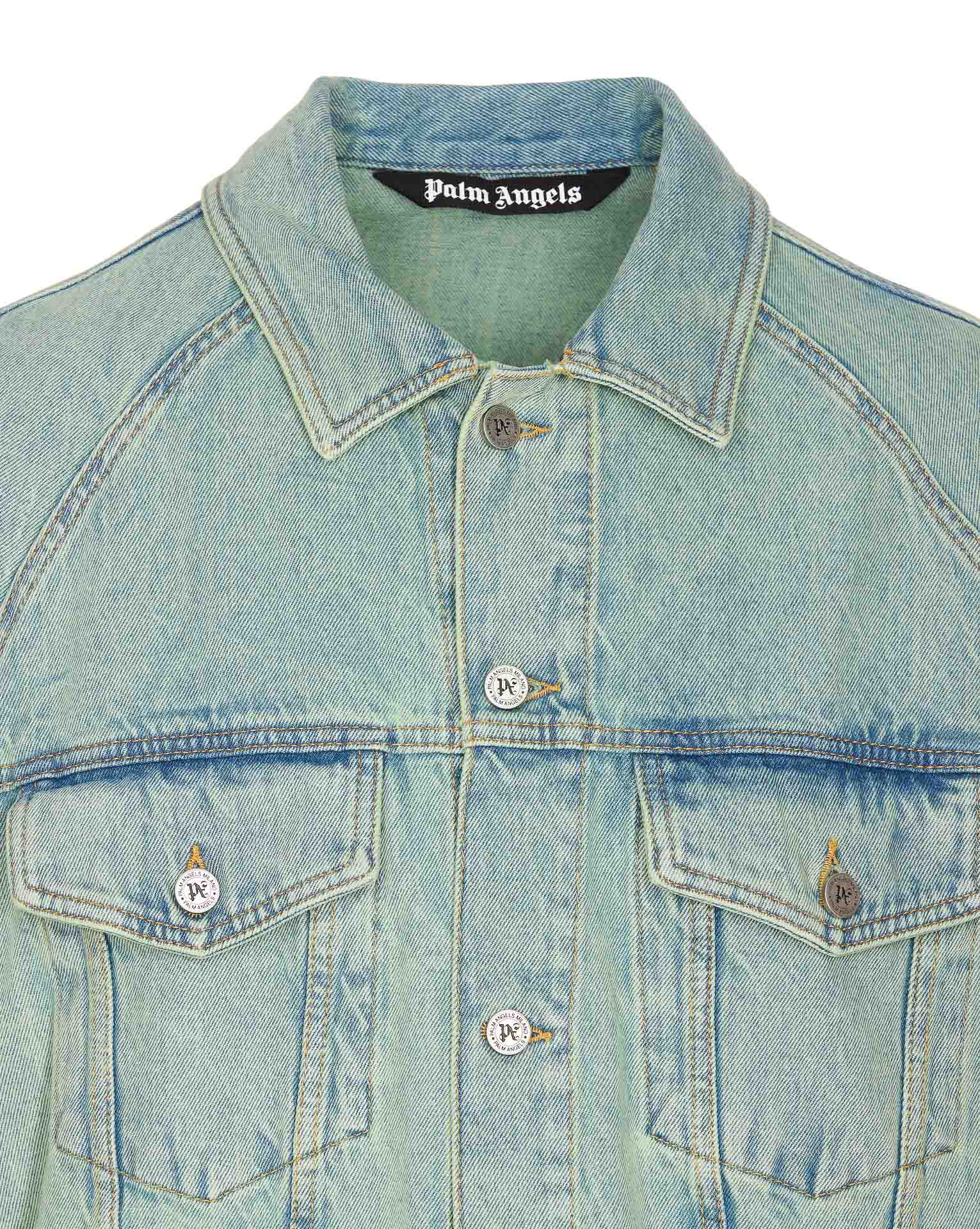 Shop Palm Angels Overdyed Logo Loose Denim Jacket In Mint Off White (light Blue)