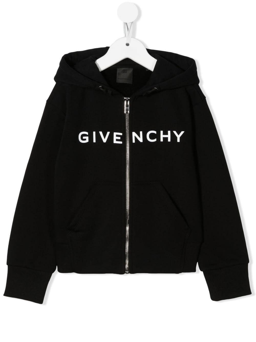 Givenchy Kids Black Zippered Hoodie With White Logo