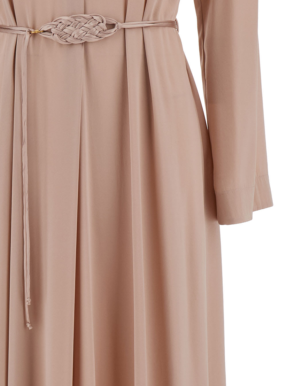 Shop Forte Forte Long Pale Pink Dress With Belt And Long Sleeves In Stretch Silk Woman