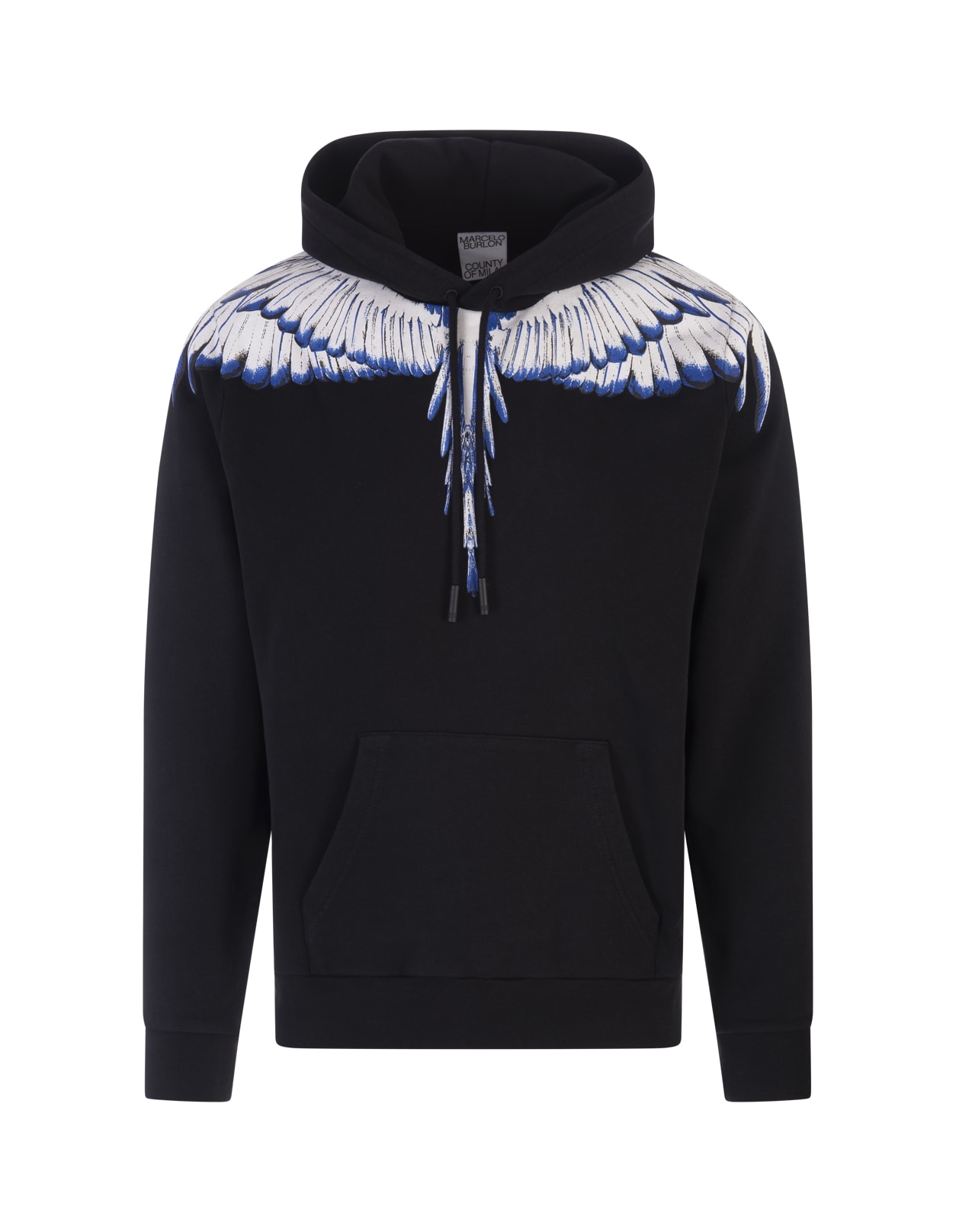 Marcelo Burlon Black Hoodie With White And Blue Wings Print
