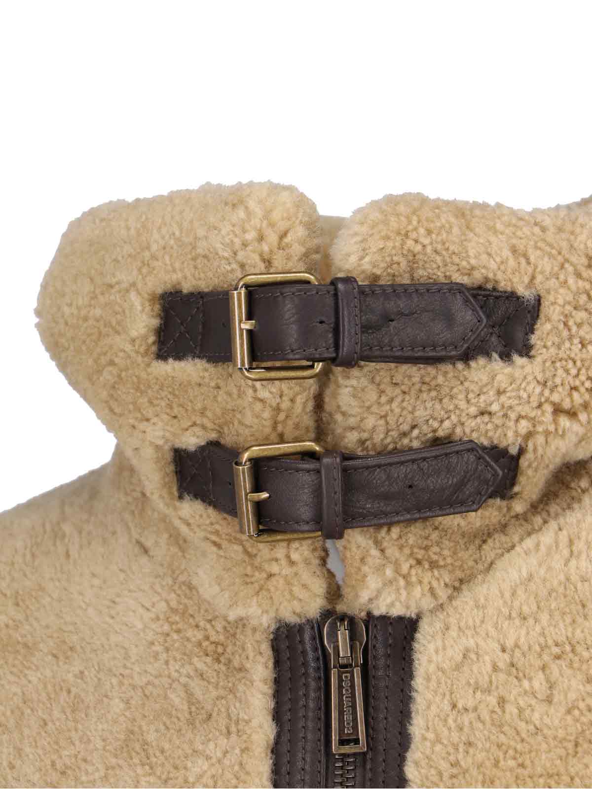Dsquared2 Beige Shearling Jacket With High Collar In Brown