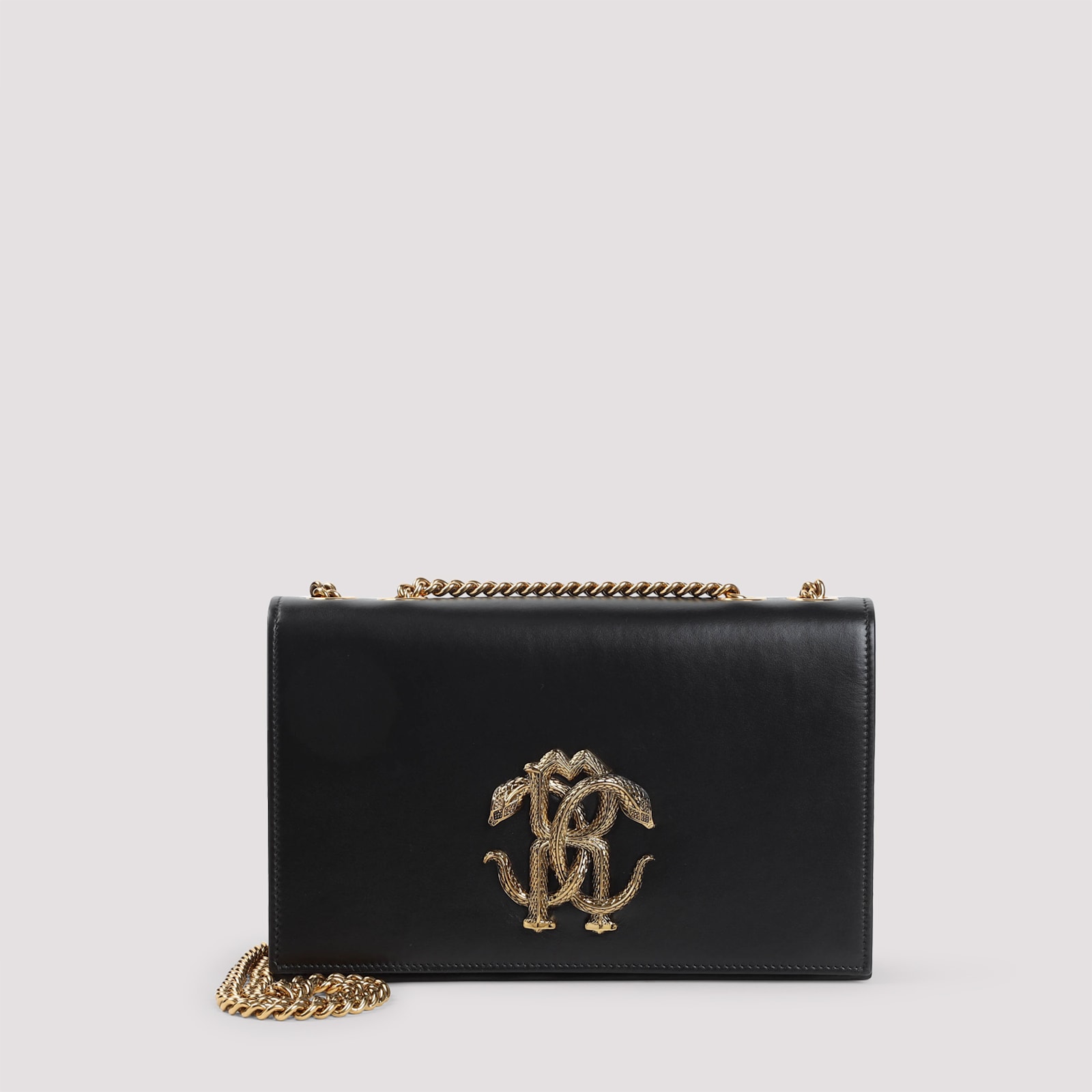 Roberto Cavalli Black Leather Shoulder Bag With Gold Emblem In Black