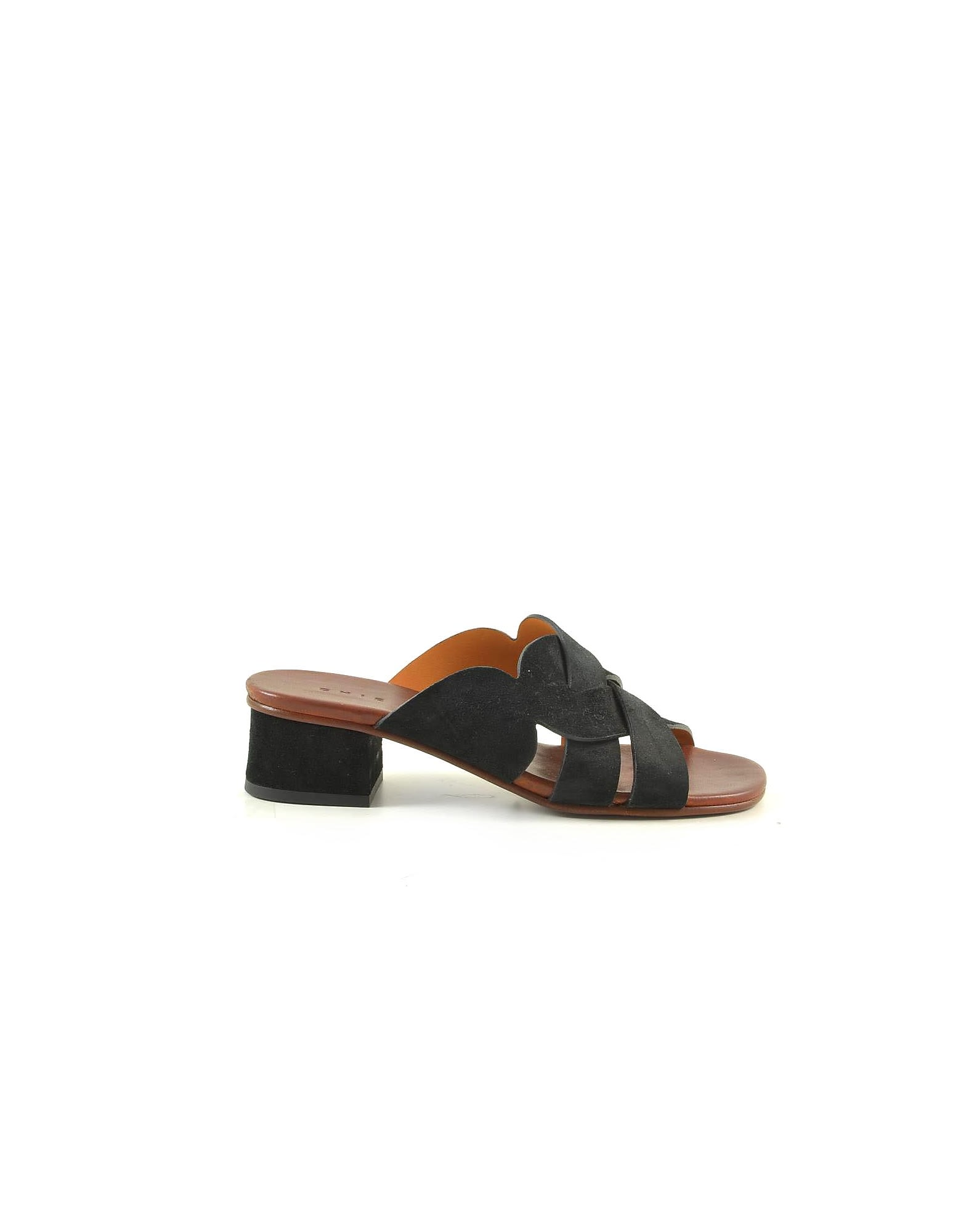 Chie Mihara Black Suede Mid-heel Slide Sandals