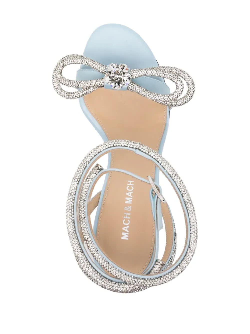 Shop Mach &amp; Mach Double Bow 95 Mm Sandals In Light Blue Satin With Crystals