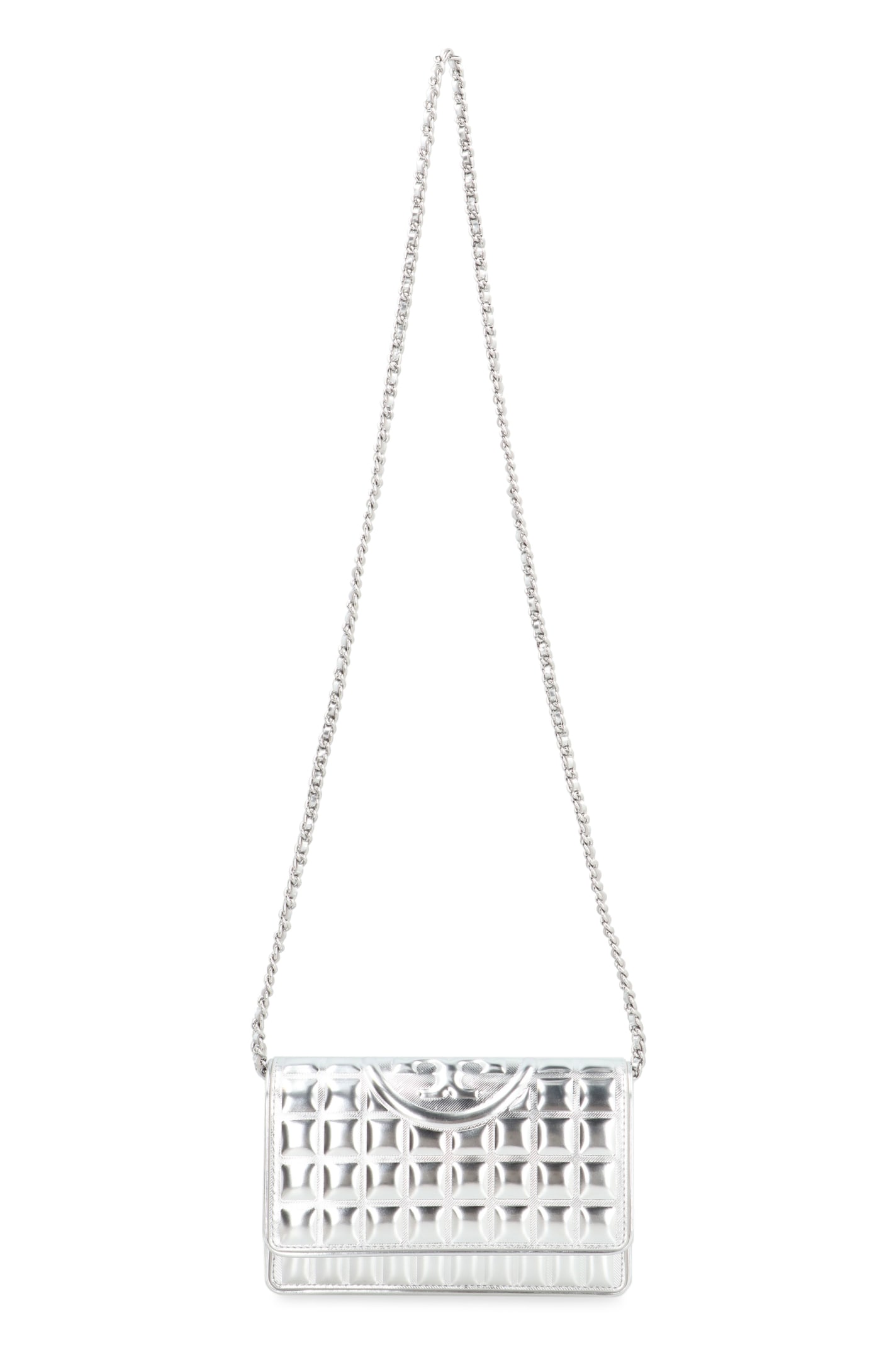 Tory Burch Fleming Leather Wallet On Chain In Silver