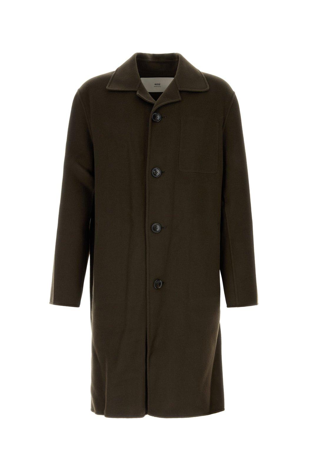 Shop Ami Alexandre Mattiussi Paris Single-breasted Coat In Dark Coffee