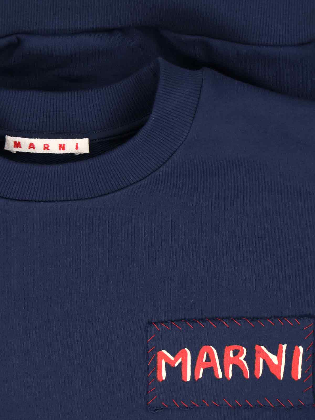Marni Boxy Navy Blue Cropped Sweater With Bold Logo Patch In Blue