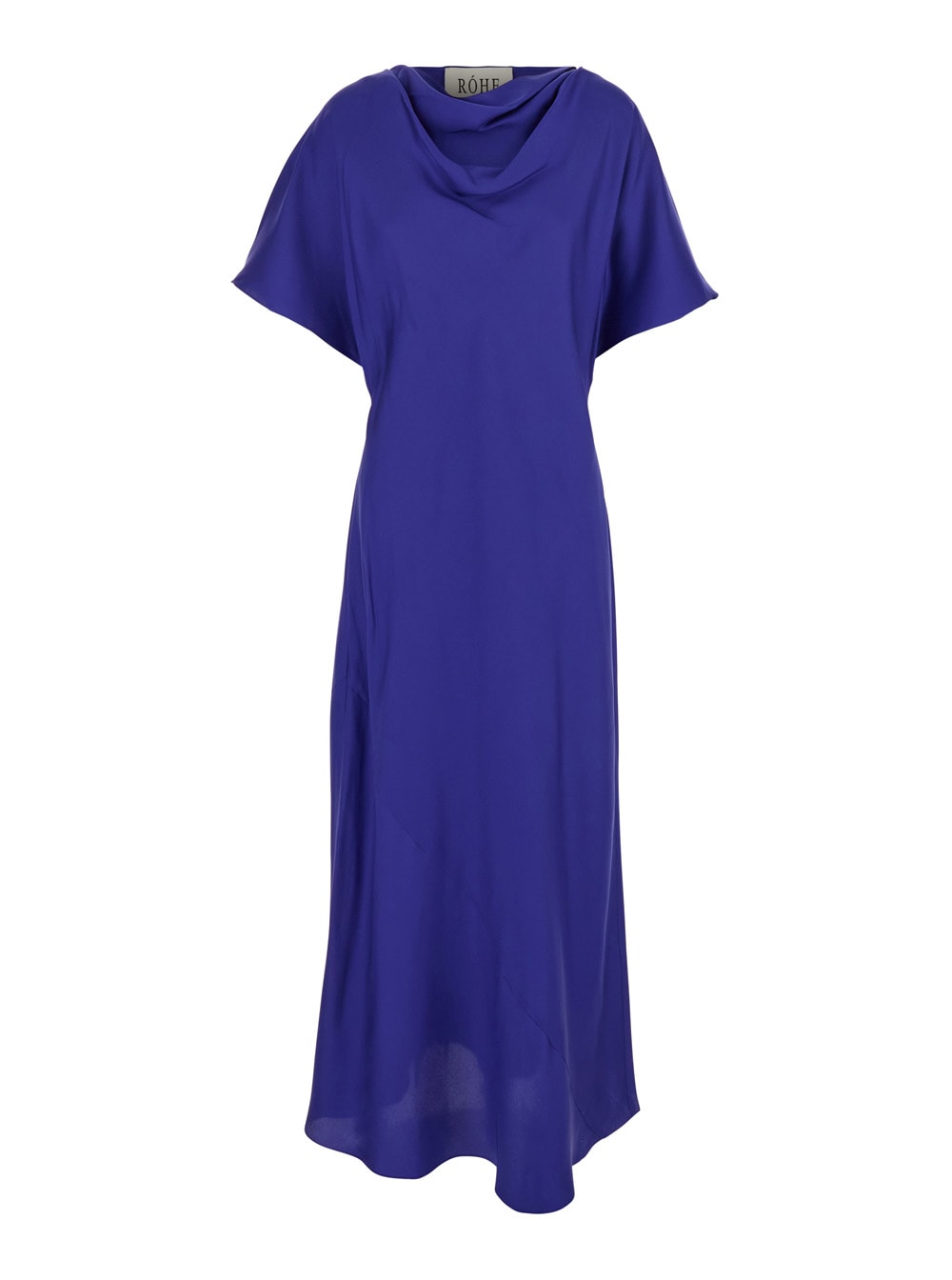 Róhe Blue Long Dress With Drapped High Neck And Short Wide Sleeves In Silk Woman