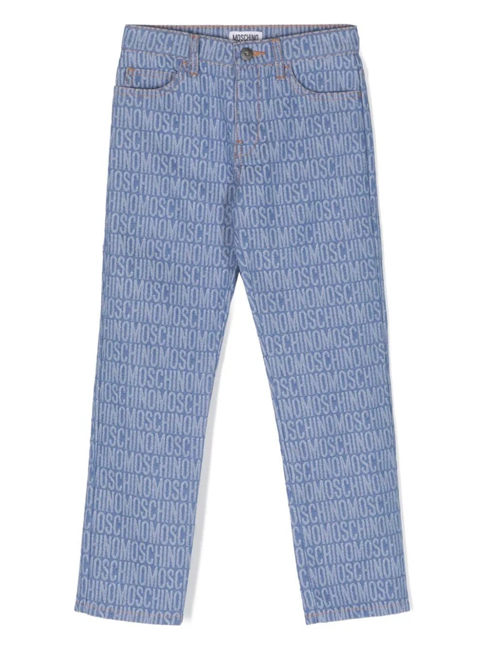 Shop Moschino Blue Straight Leg Jeans With All-over Logo
