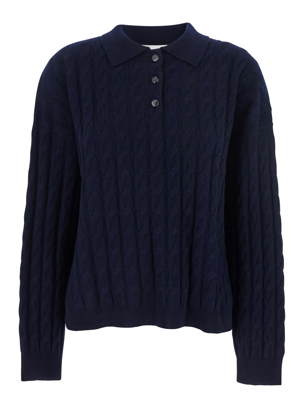 Lisa Yang Magnolie Blue Cable Knit Polo Shirt-style Sweater With Classic Collar In Cashmere Woman