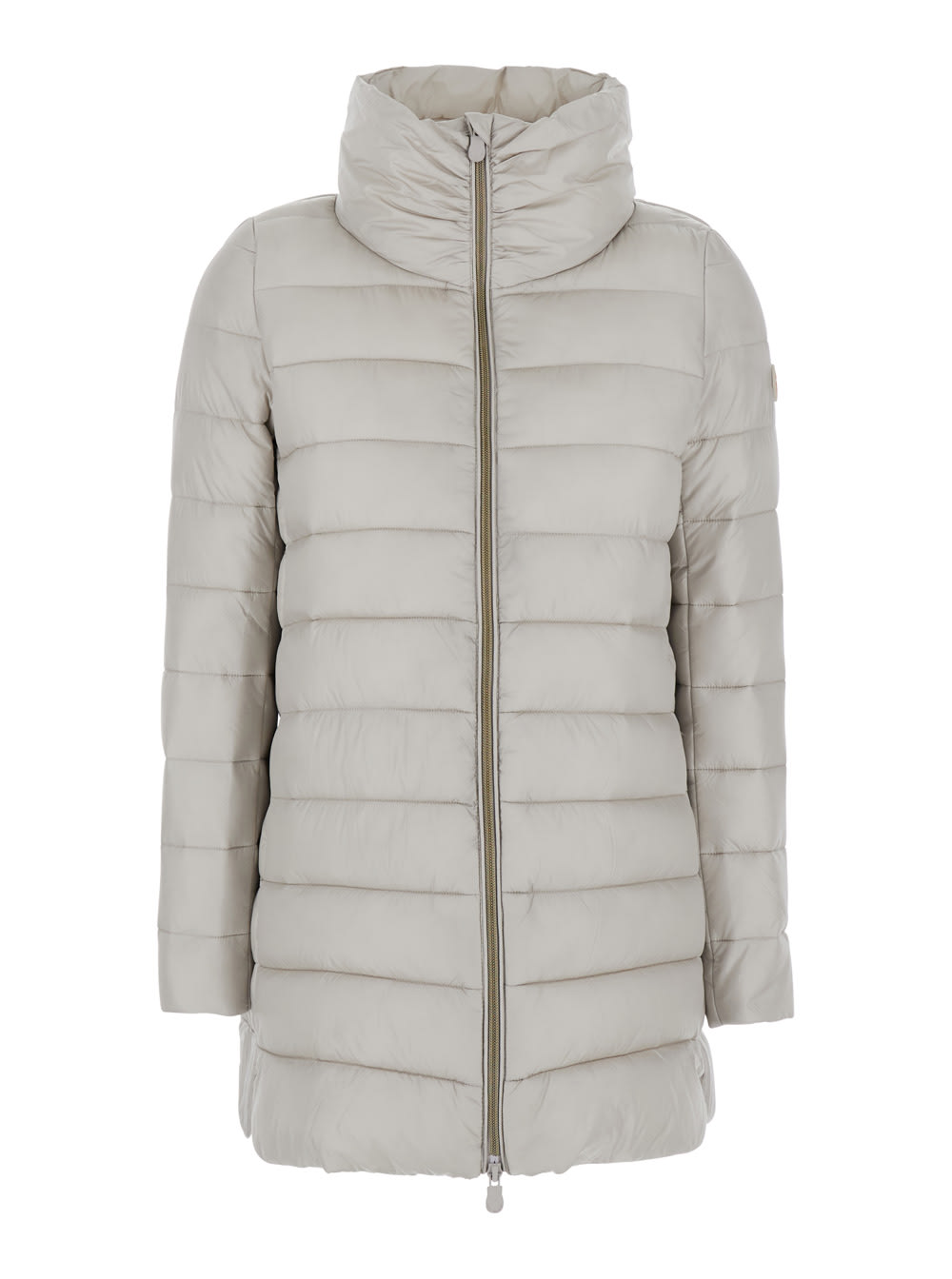 Save The Duck Lydia Beige Down Jacket With High Neck And Logo Patch On The Sleeve In Tech Fabric Woman In Gray