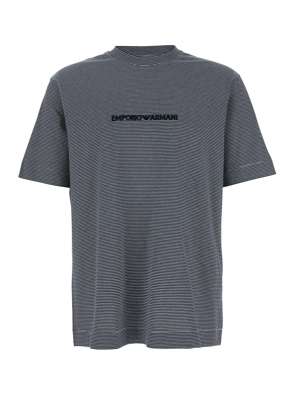 Emporio Armani Blue T-shirt With Logo Embroidered On The Front And All-over Striped Motif In Cotton Man In Blu