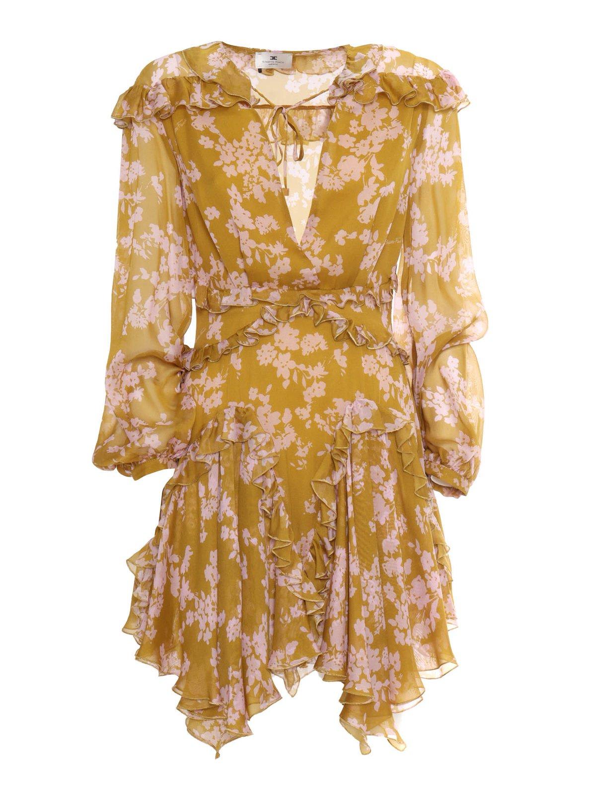 Elisabetta Franchi Curry Quarzo Mini Dress With Ruches In Giallo