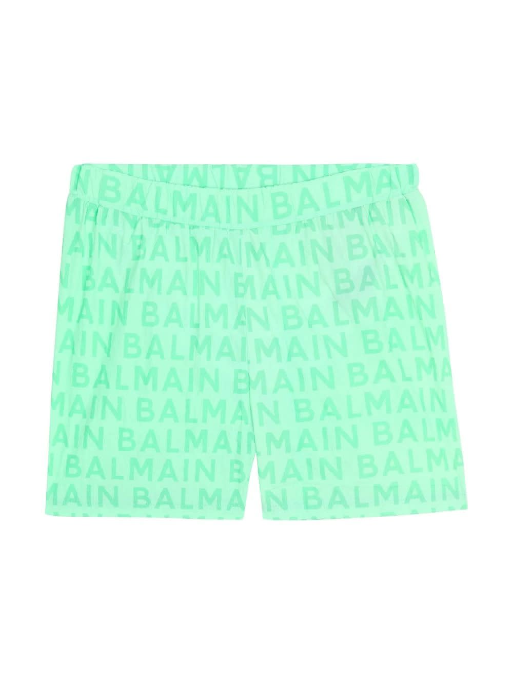 Balmain Light Green Swim Shorts With All-over Logo