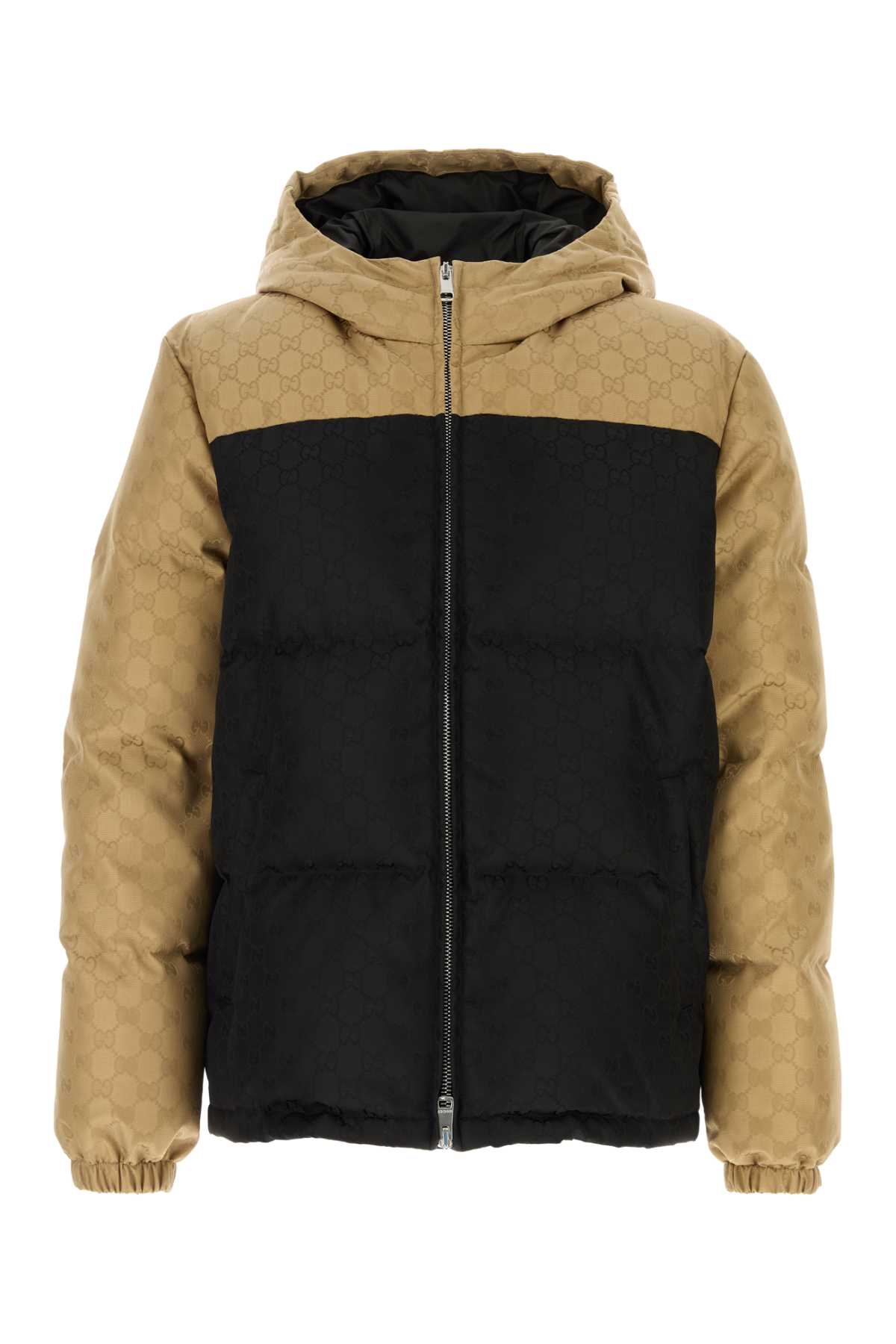 Shop Gucci Two-tone Nylon Down Jacket In Blackmix