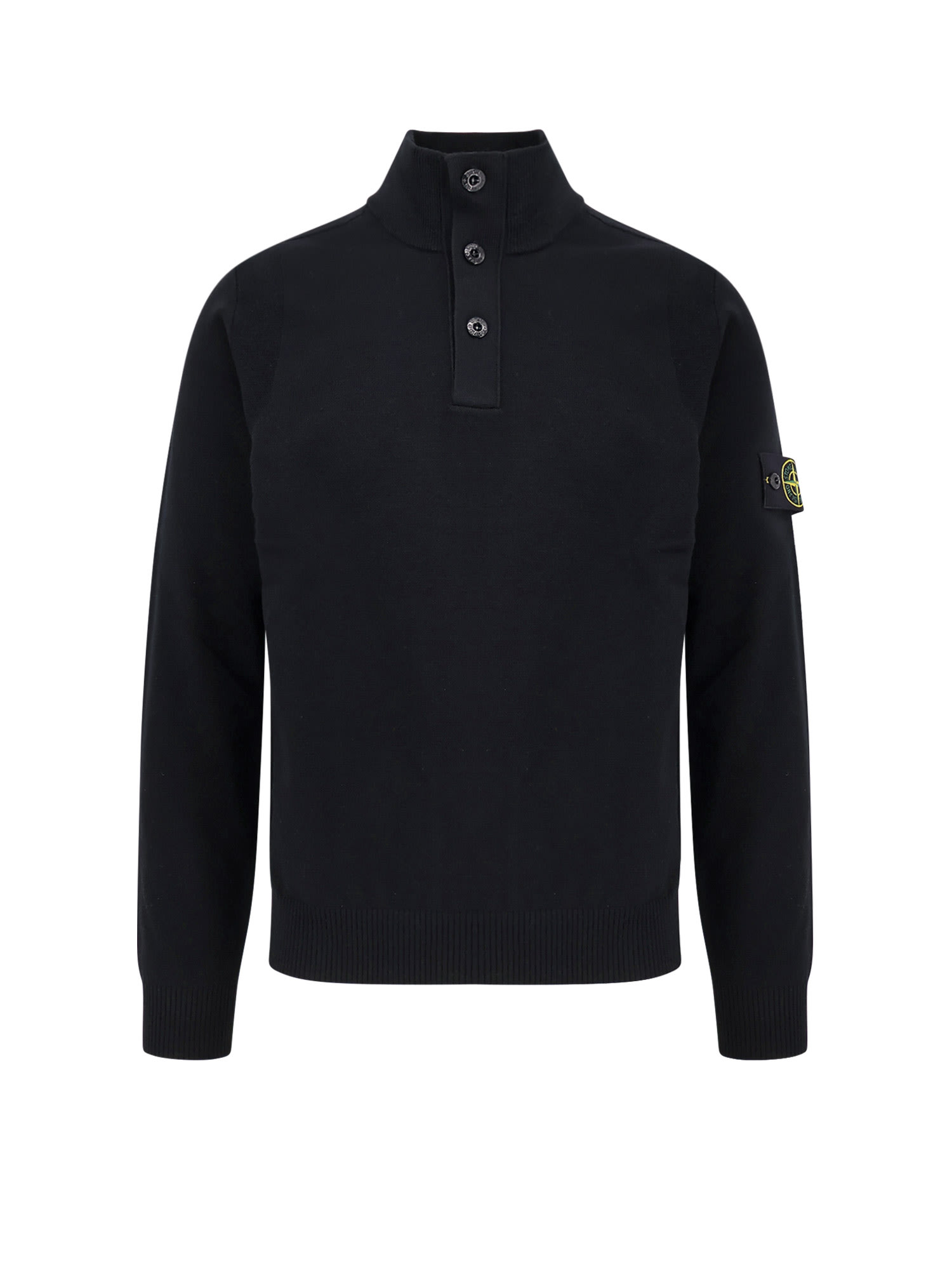 Stone Island High Collar Pullover With Buttoned Placket And Logo Patch In Black