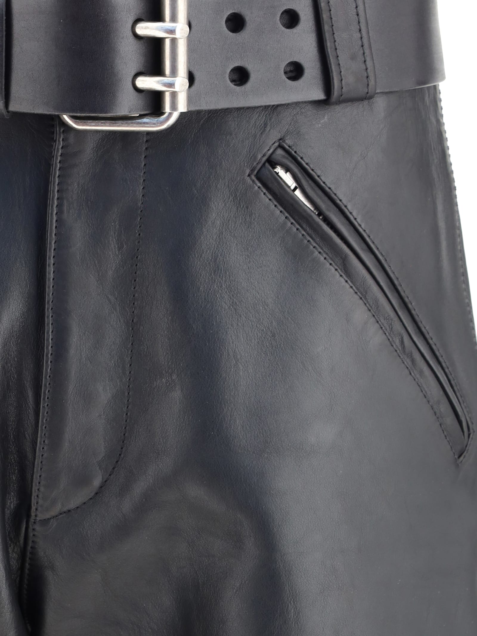 Saint Laurent Hammered Leather Belted Pants In Black