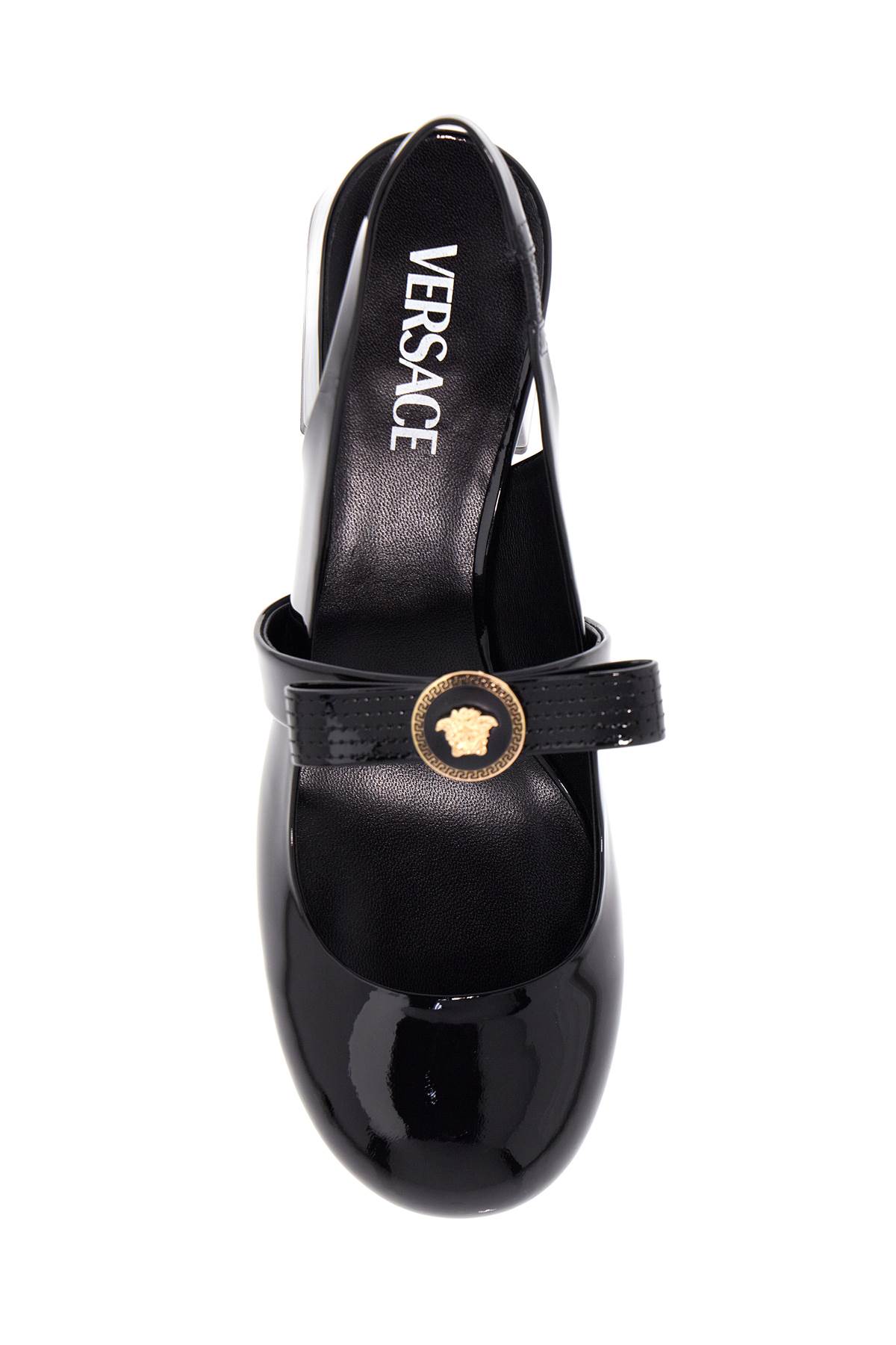 Versace Black Ballerina Shoes With Heel And Medusa Detail On The Front In Shiny Leather Woman In Black- Gold (black)