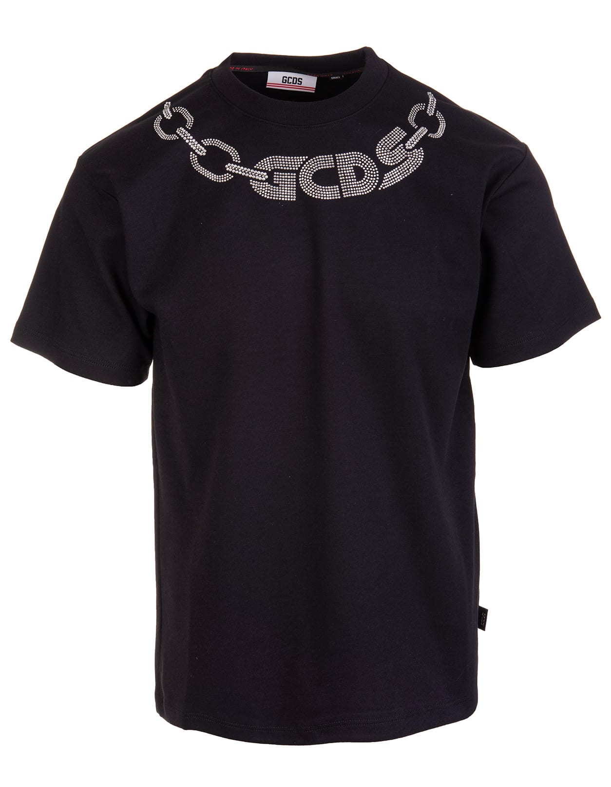 GCDS Man Black T-shirt With Rhinestone Chain Logo