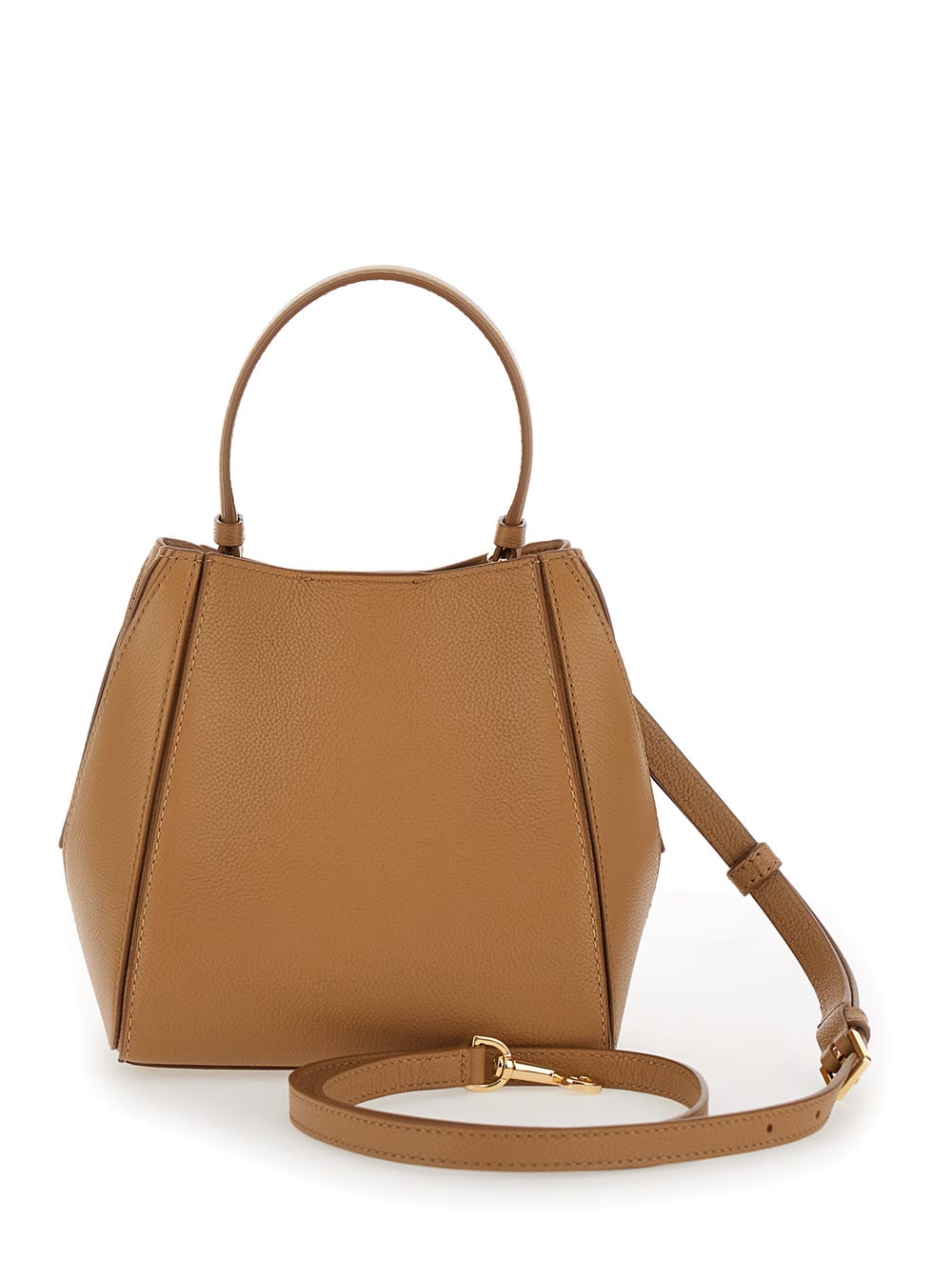 Shop Tory Burch Mcgraw Small Beige Bucket Bag With Double T In Hammered Leather Woman