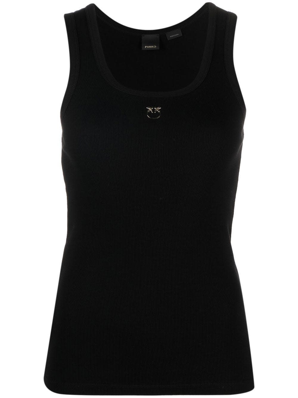 Shop Pinko Black Ribbed Tank Top With Front Logo Embroidery In Stretch Cotton Woman