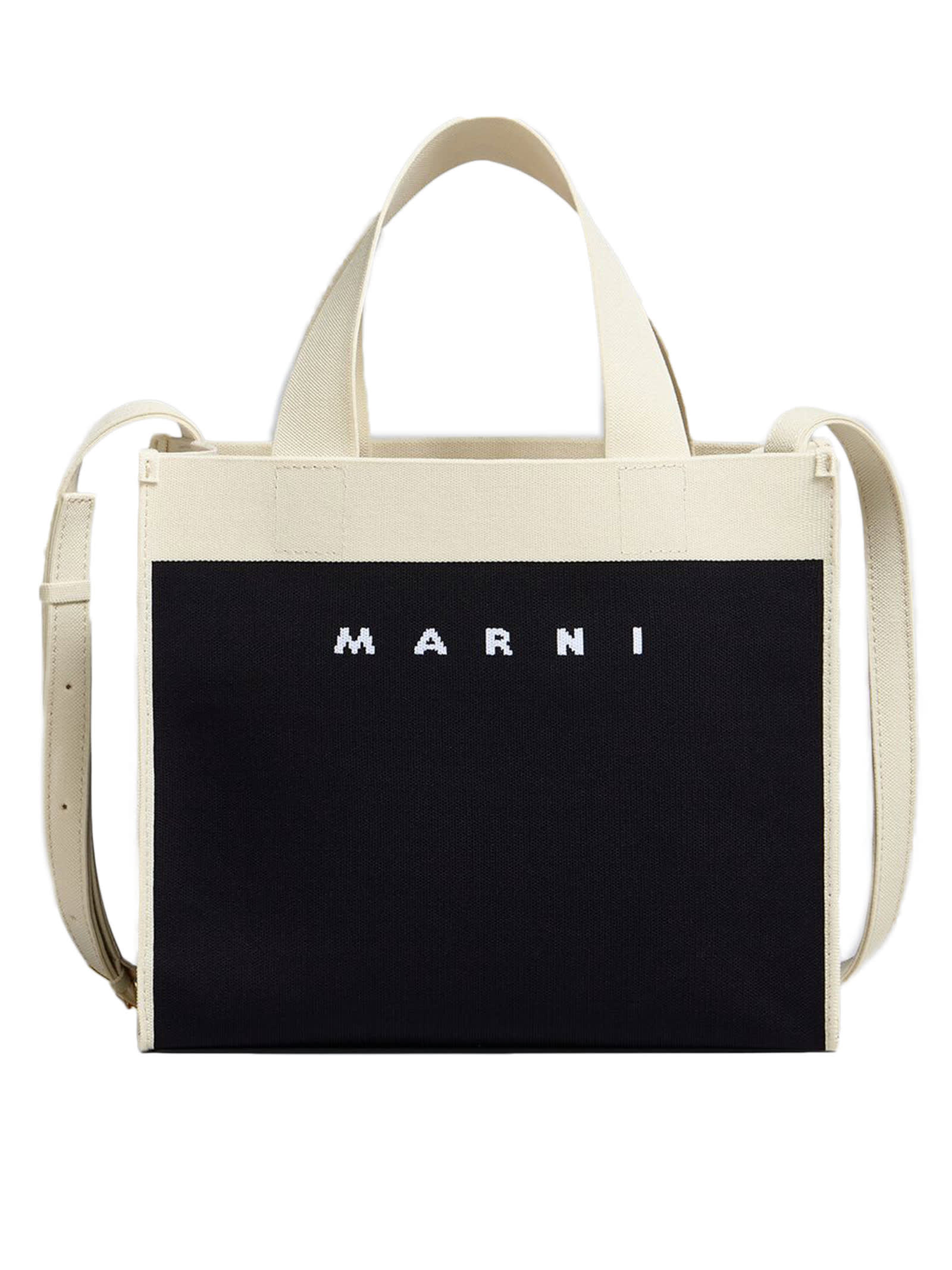 Marni Small Shopping Bag In Black And White Jacquard
