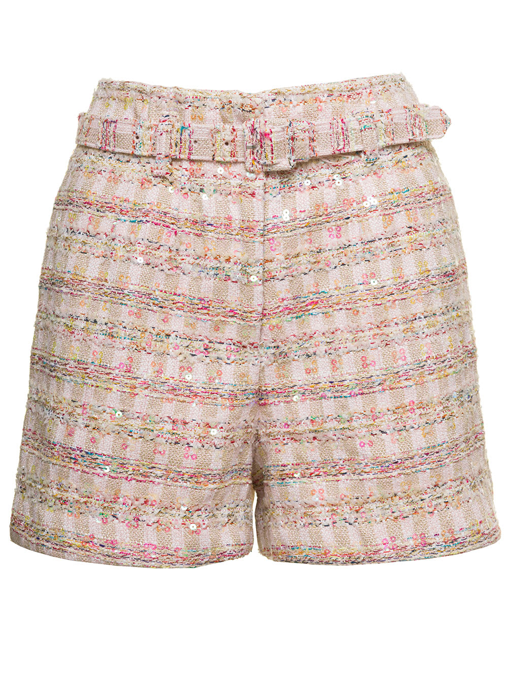 Pink Shorts With Matching Belt And Paillettes In Tweed Woman