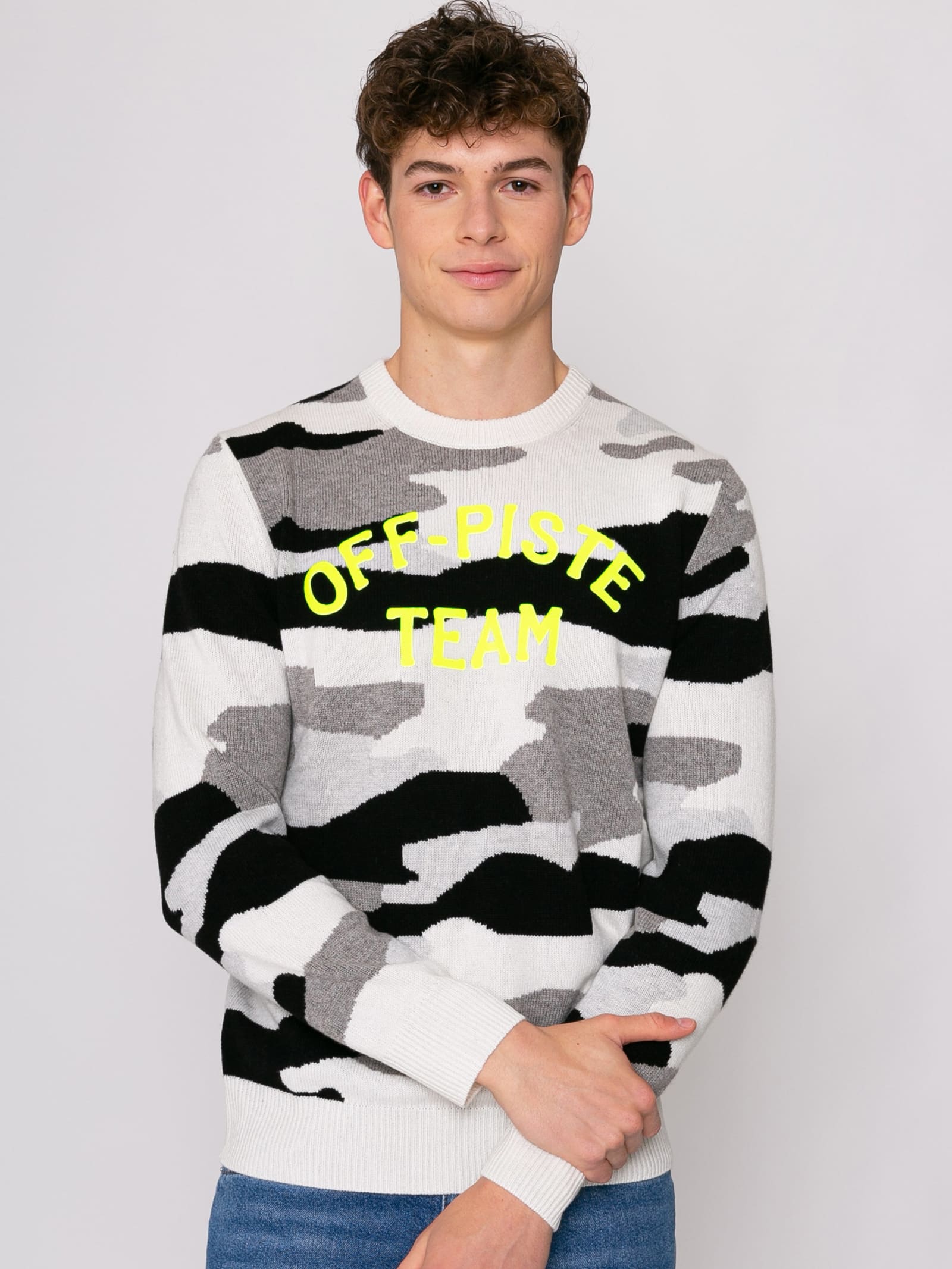 Mc2 Saint Barth Camouflage Man Sweater Off-piste Team Fluo Yellow Print In White