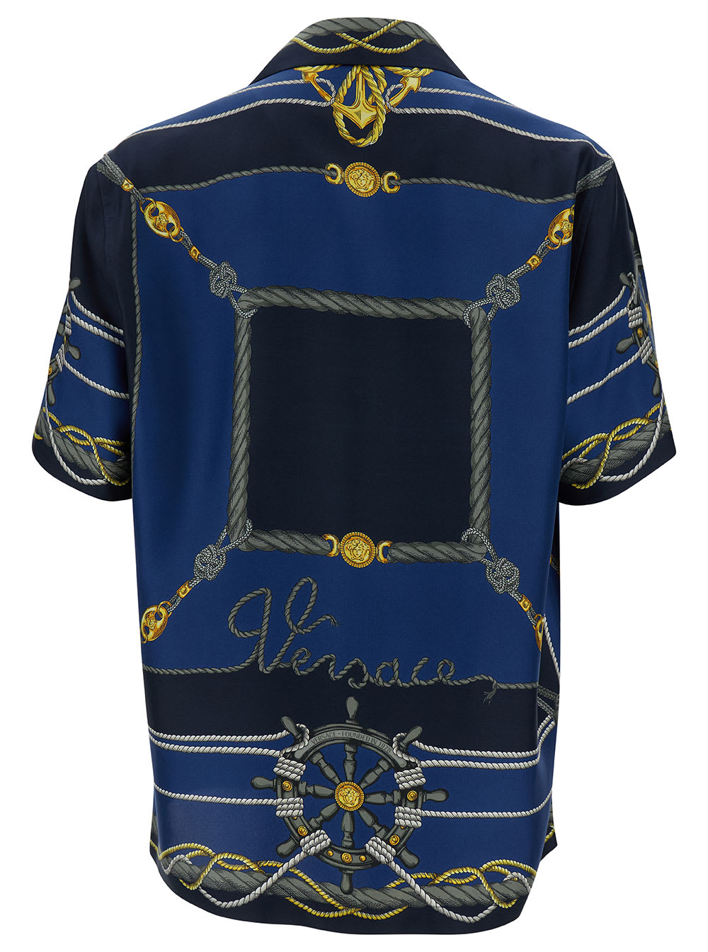 Shop Versace Nautical Blue Bowling Shirt With Barocco Print In Silk Man