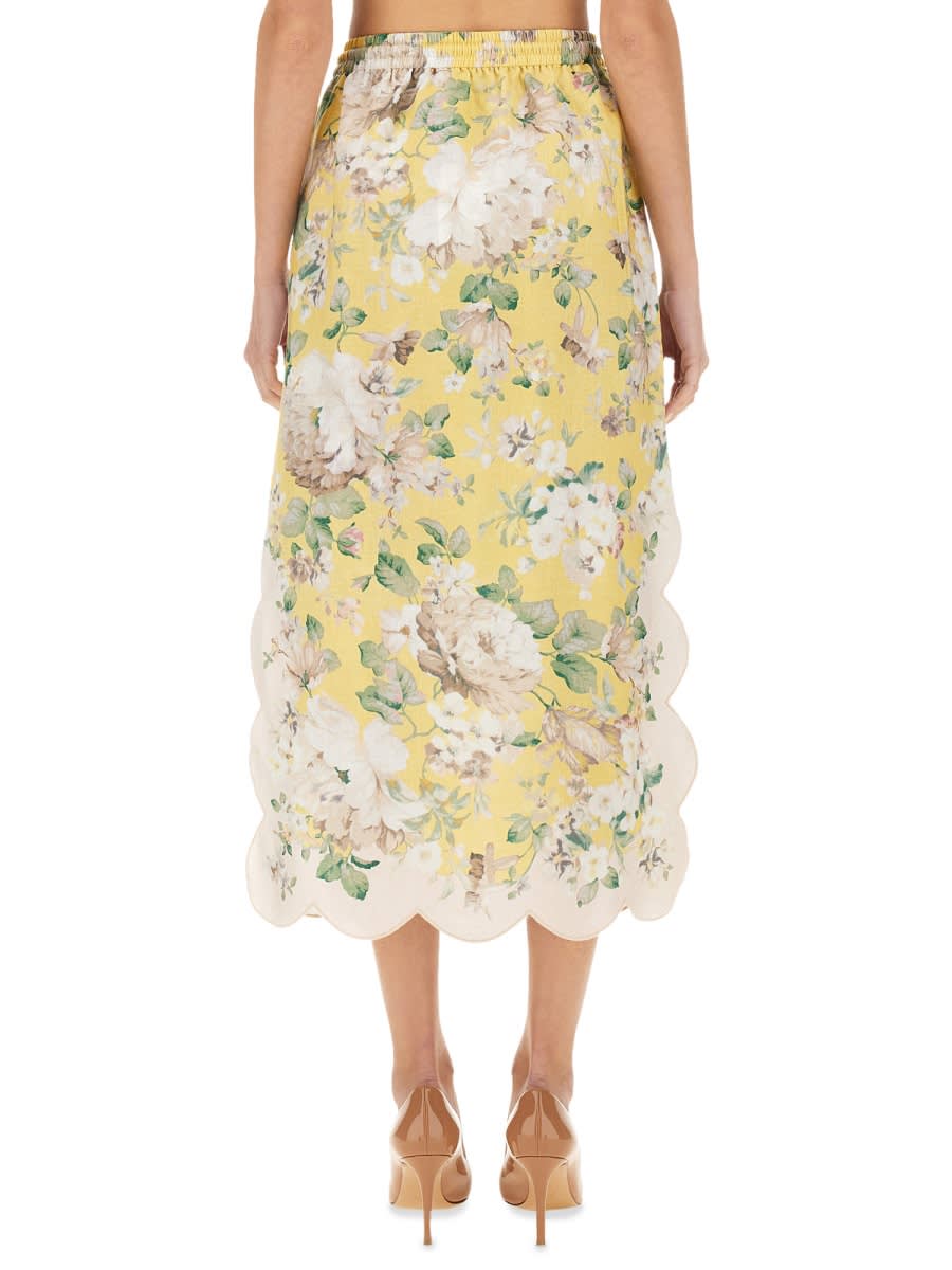 Zimmermann Acacia Scalloped Floral-print Linen Midi Skirt In Yellow