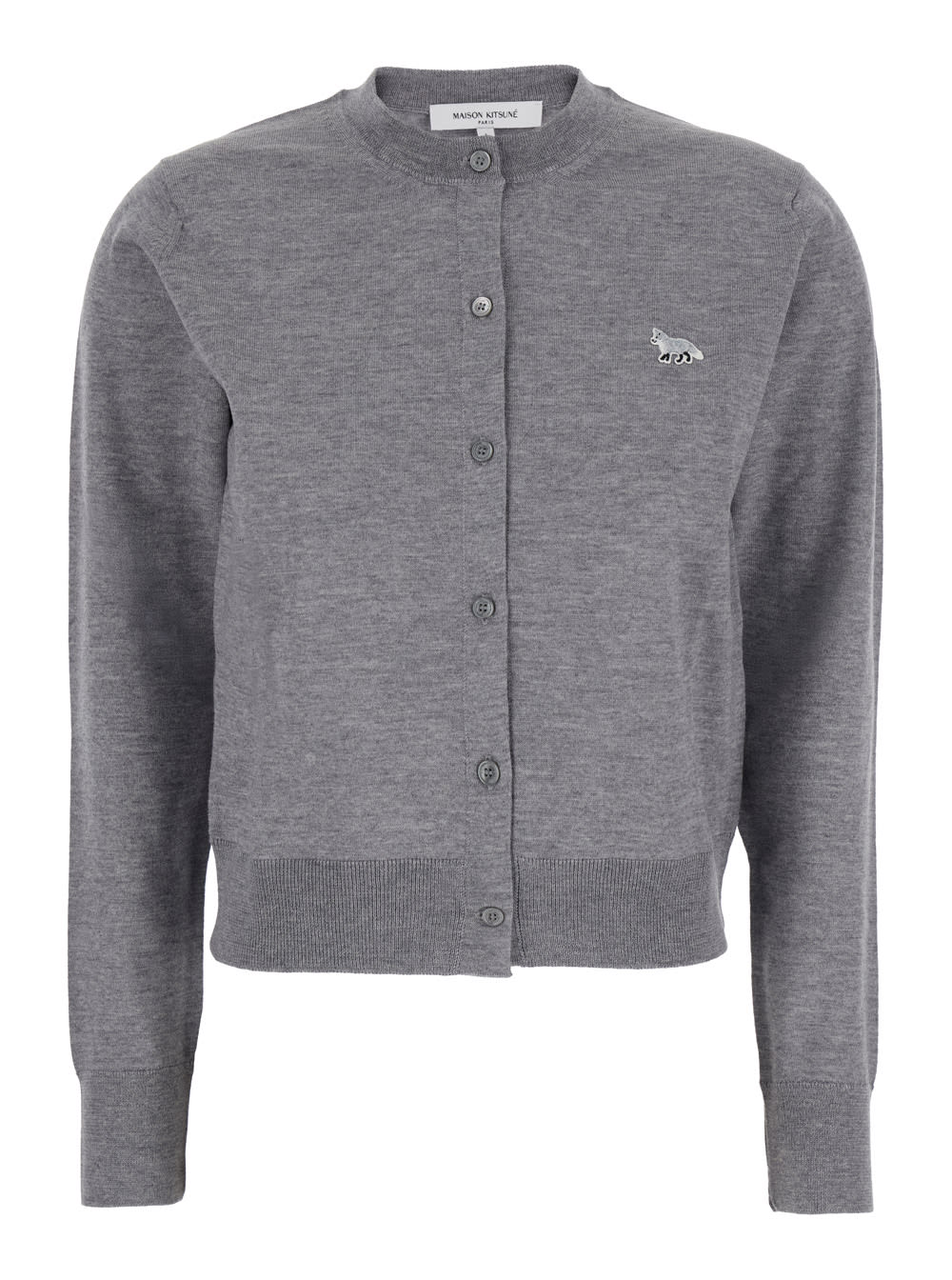 MAISON KITSUNÉ GREY CROPPED CARDIGAN WITH ROUND NECK AND LOGO EMBROIDERY ON THE FRONT IN WOOL WOMAN