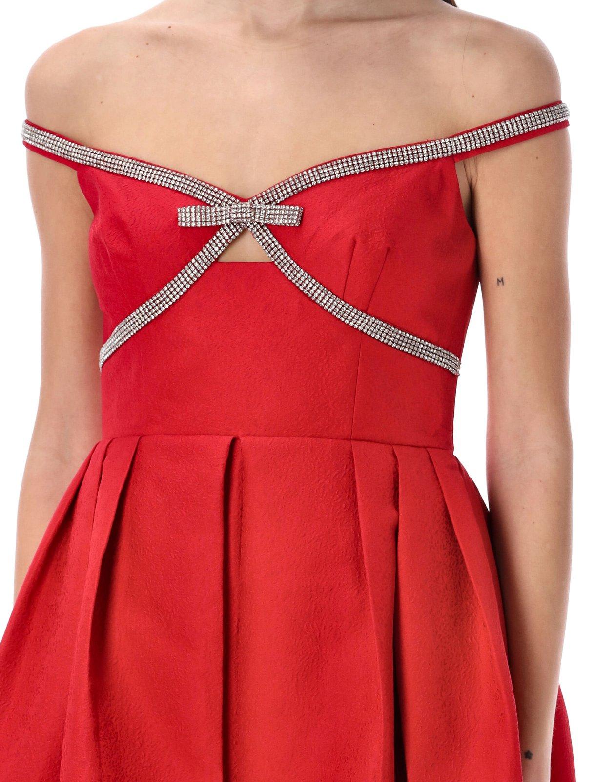 Shop Self-portrait Bow Embellished Midi Dress In Red