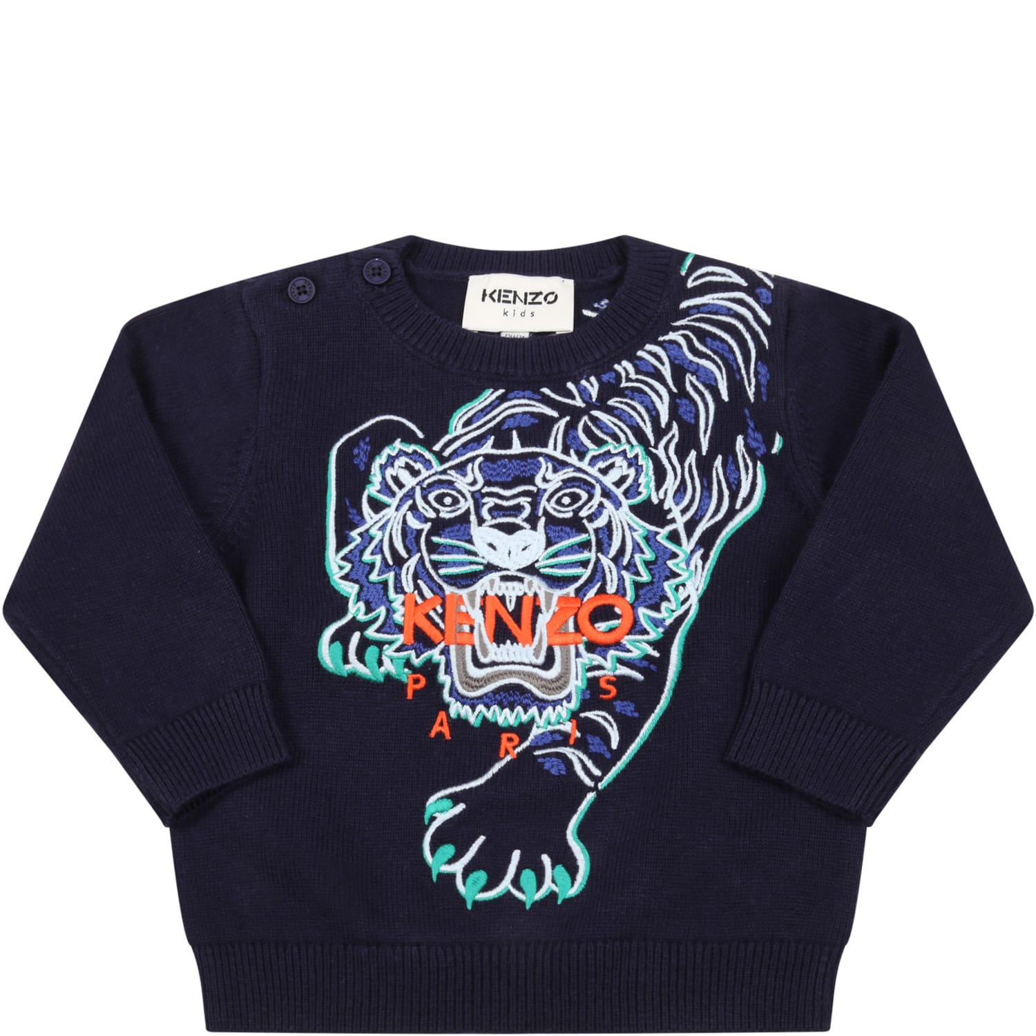 Kenzo Kids Blue Sweater For Baby Boy With Tiger