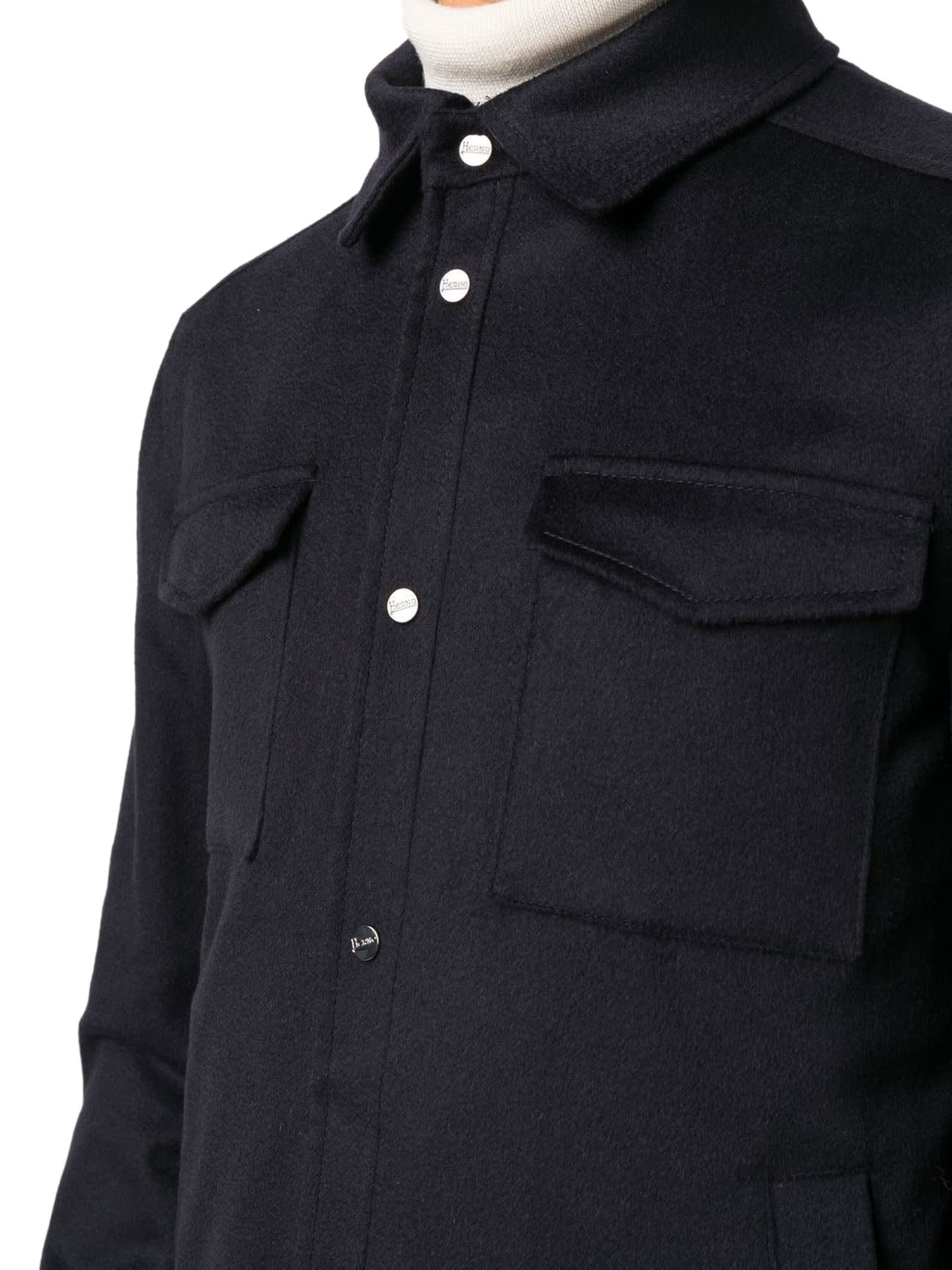 Herno Snap Front Chest Flap Pocket Brushed Wool Cashmere Blend Lined Shirt Jacket In Blue