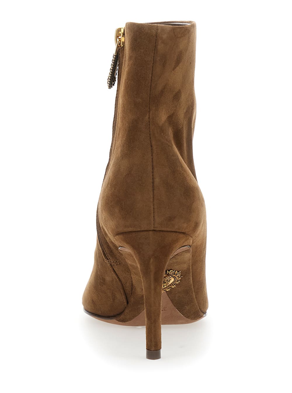 Dolce & Gabbana Brown Ankle Boots With Pointed Toe And Metallic Logo In Suede Woman In Brown