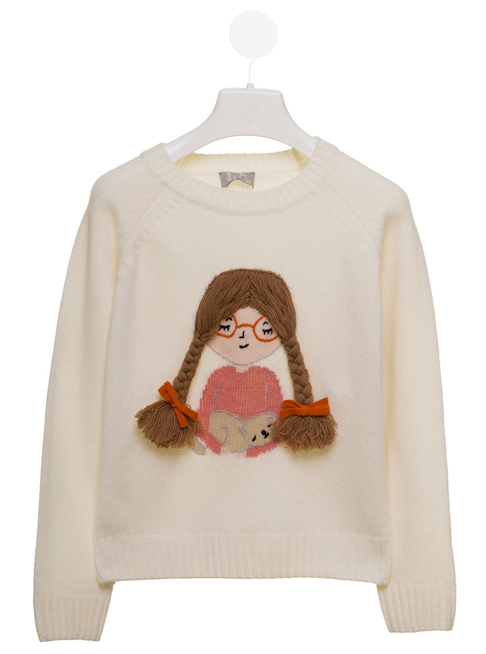 Pigtails-embroidered Il Gufo Kids Girls White Jumper