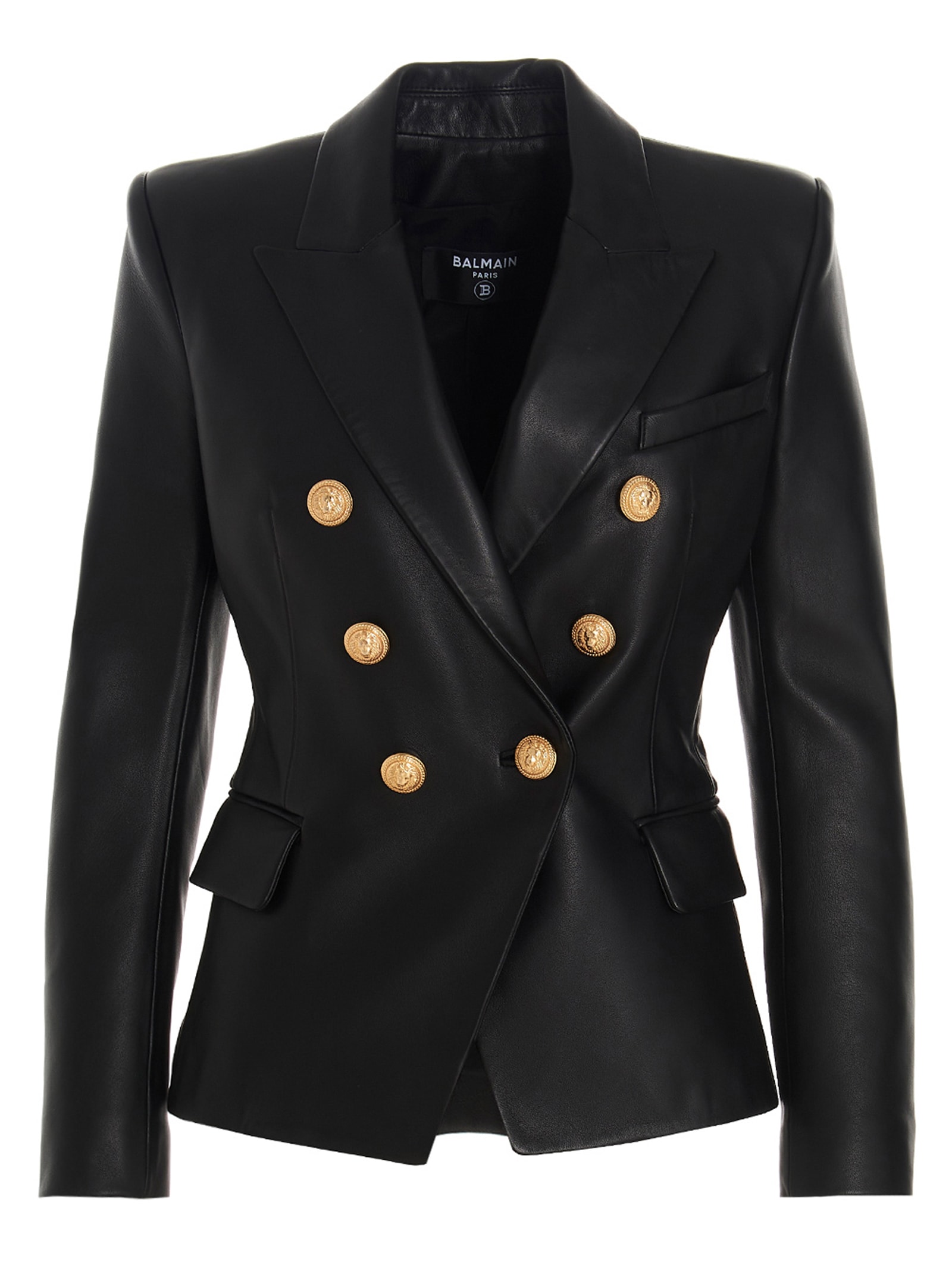 Balmain Black Leather Double-breasted Jacket In Noir C0100 | ModeSens