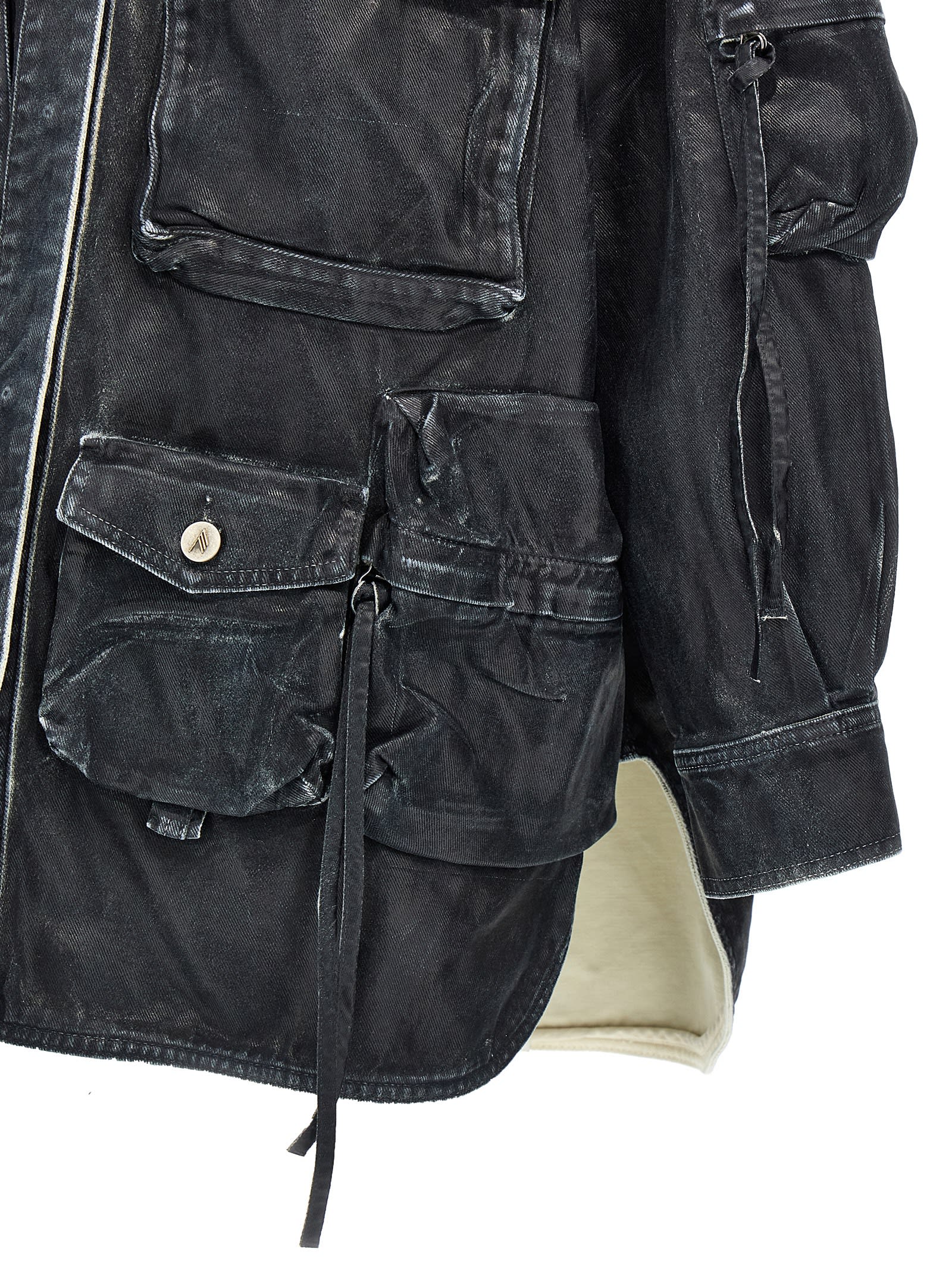 Attico Oversize Cotton Fern Denim Jacket With Button And Drawstring In Blue