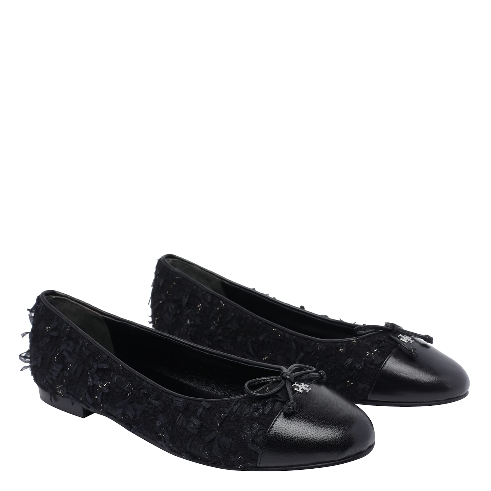 Tory Burch Round Toe Ballerina Shoes With Bow Detail In Black